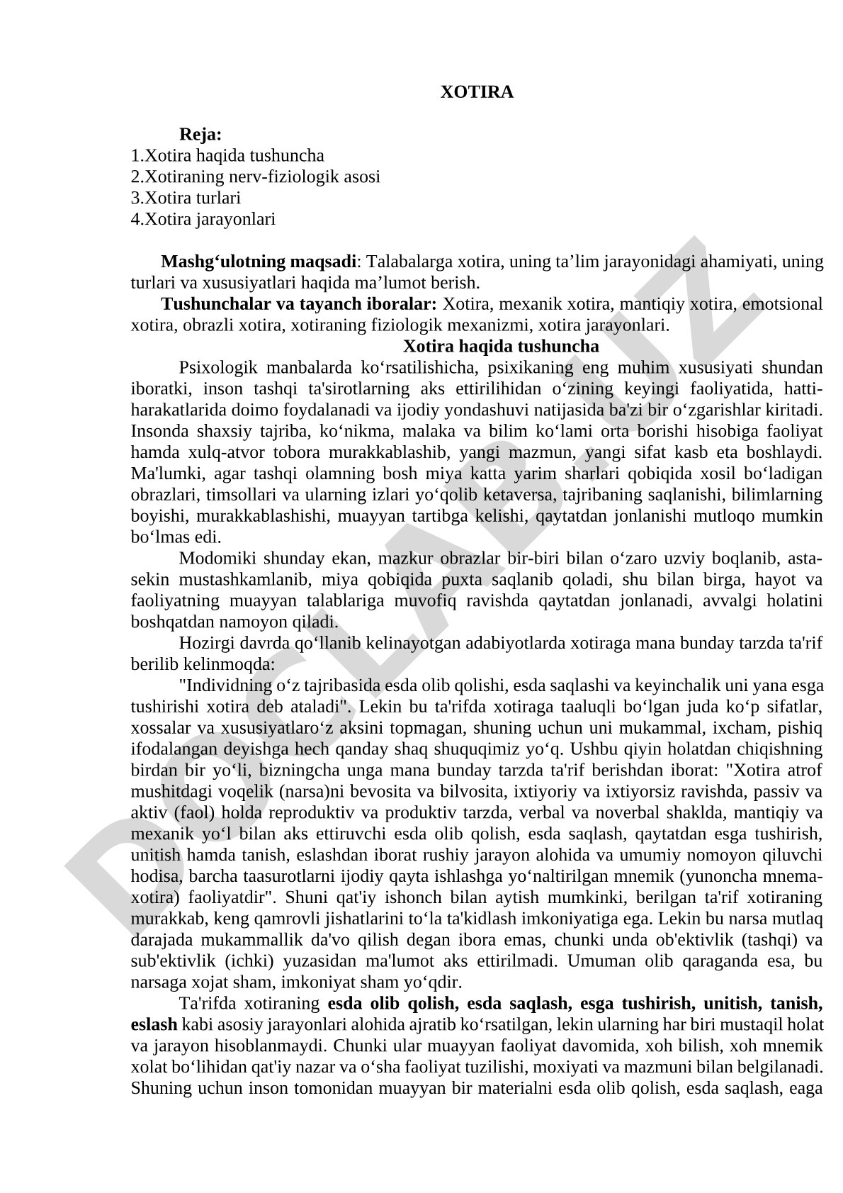 Xotira haqida tushuncha, turlari va jarayonlari