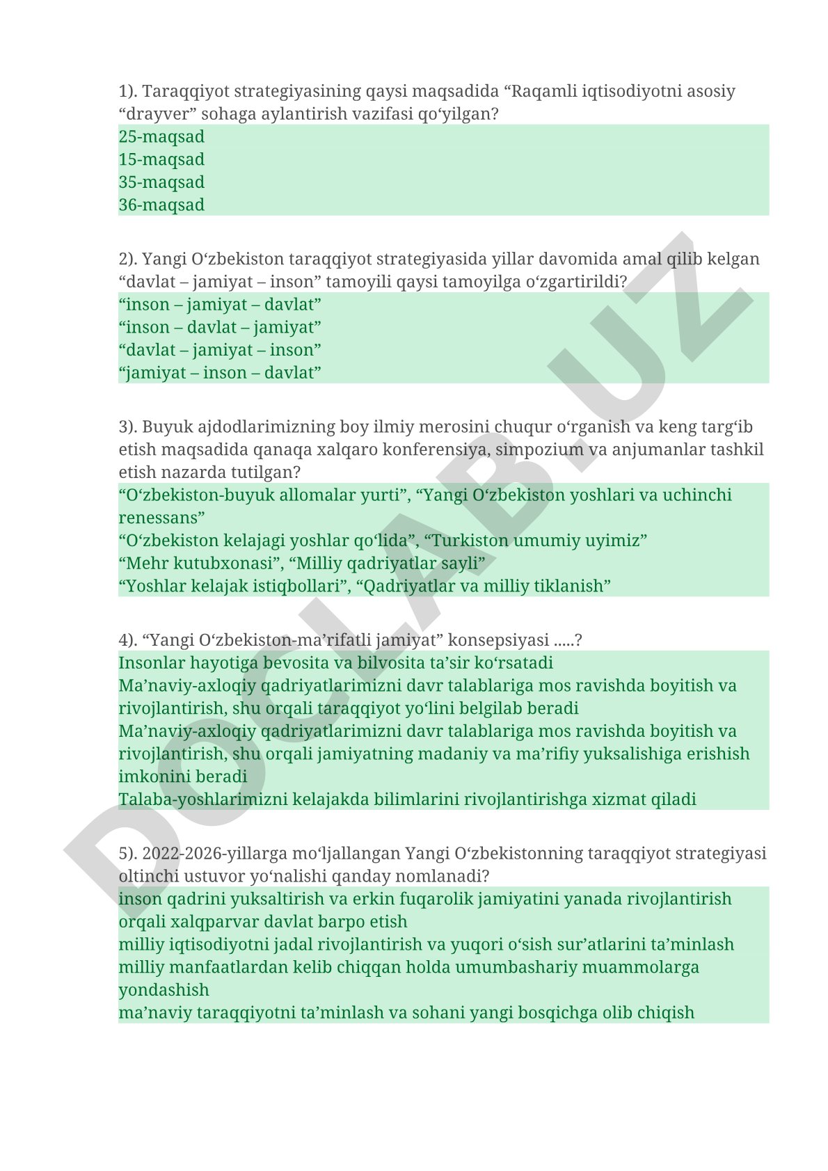 Yangi O'zbekiston taraqqiyot strategiyasi test savollari