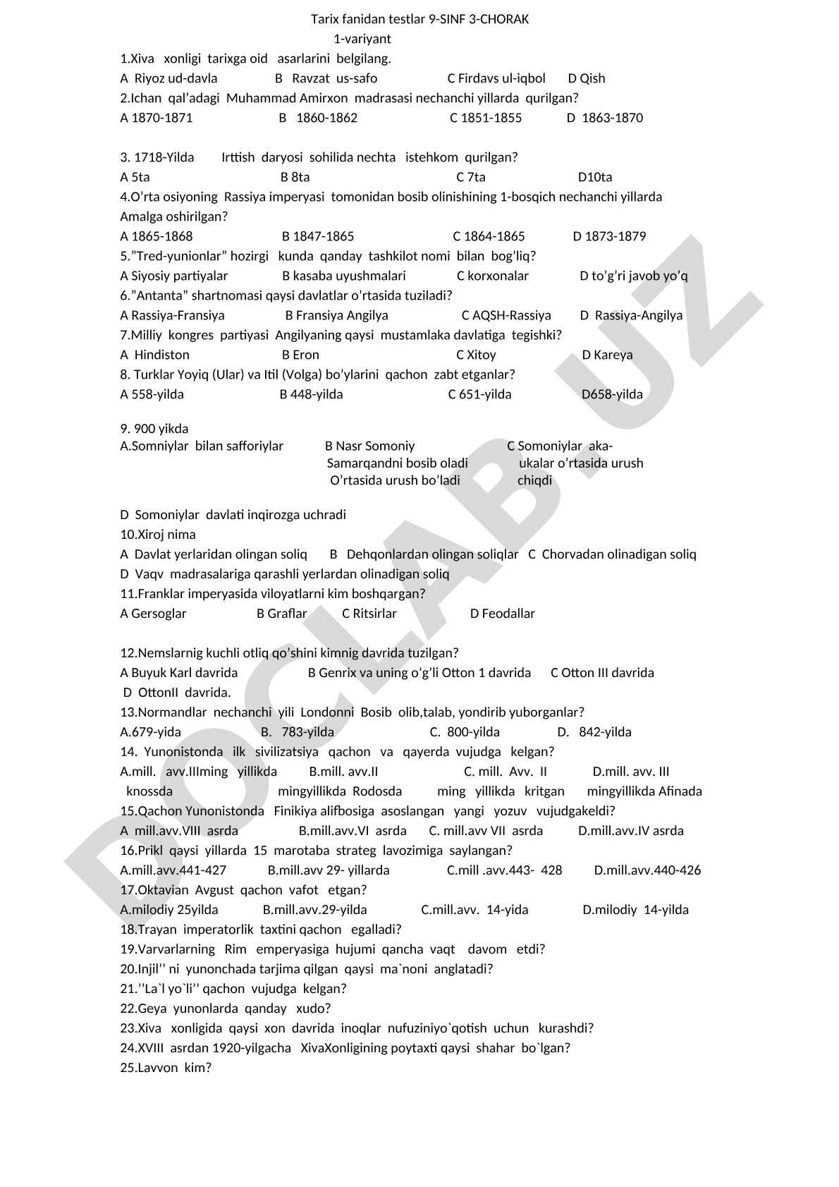 Tarix fanidan testlar 9-SINF 3-CHORAK 1-variyant