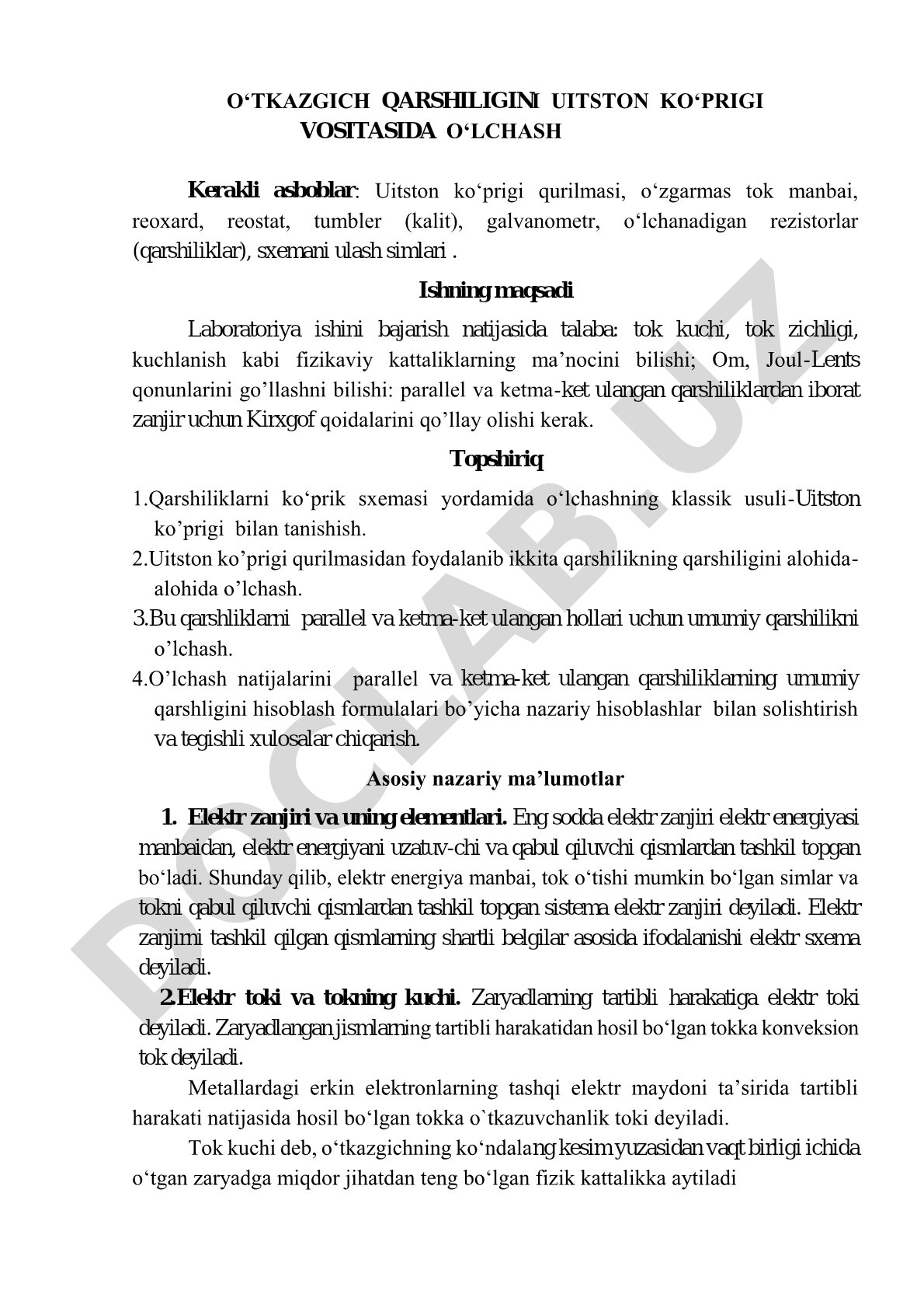 O'tkazgich qarshiligini Uitston ko'prigi vositasida o'lchash