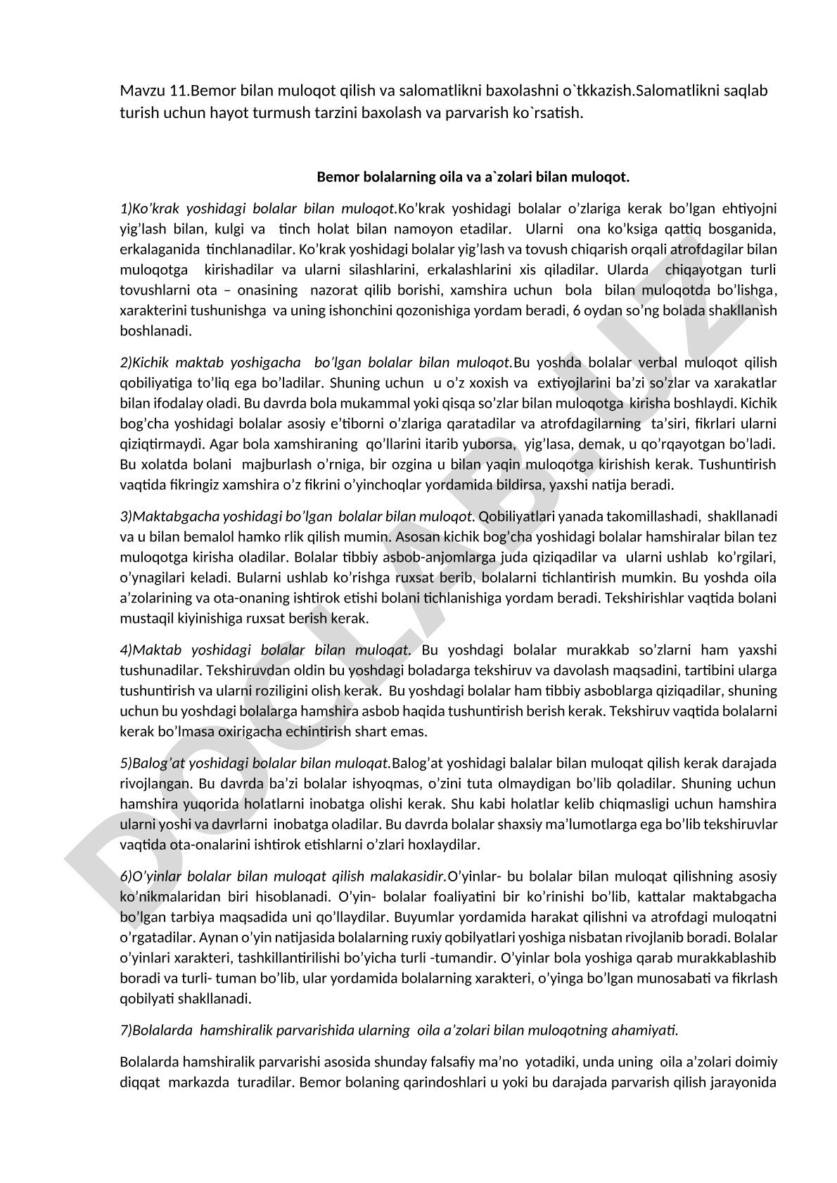 Bemor bilan muloqot qilish va salomatlikni baxolashni o'tkkazish
