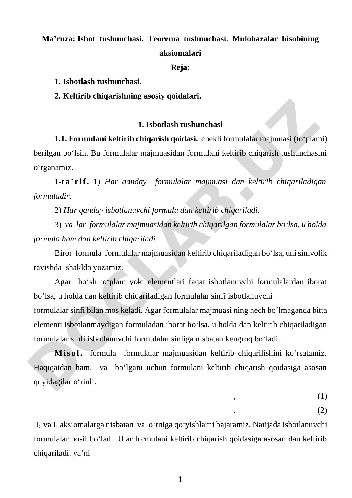 Isbot tushunchasi. Teorema tushunchasi. Mulohazalar hisobining aksiomalari