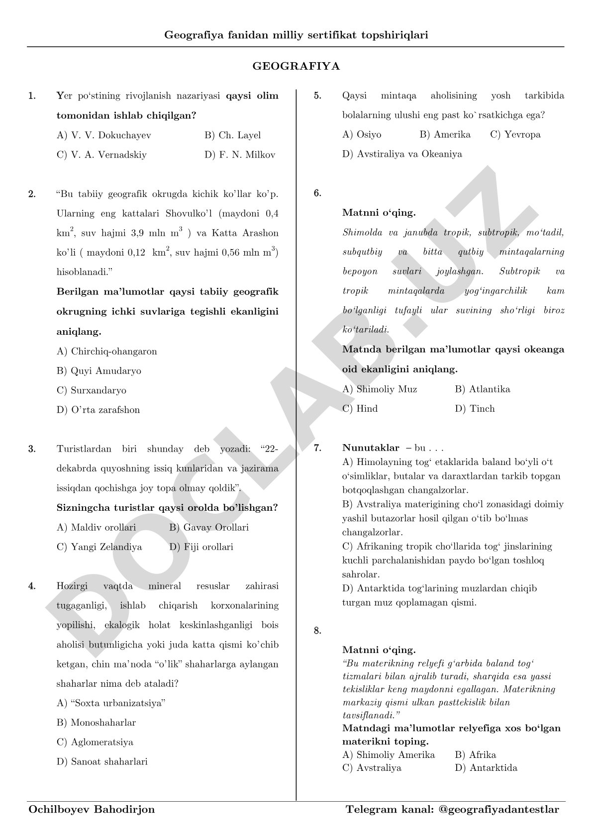 Geografiya fanidan milliy sertifikat topshiriqlari