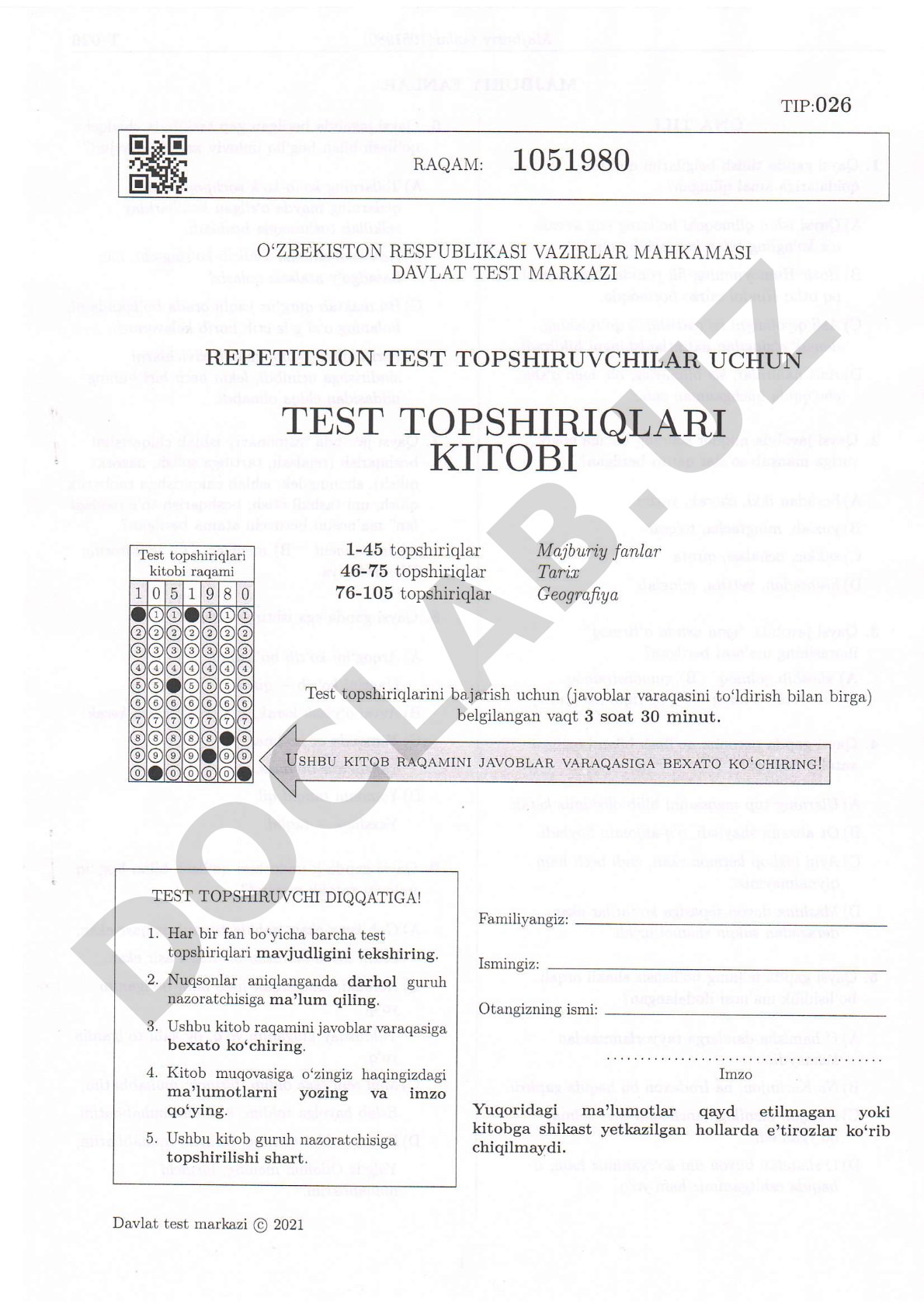 Repetitsion test topshiriqlari kitobi