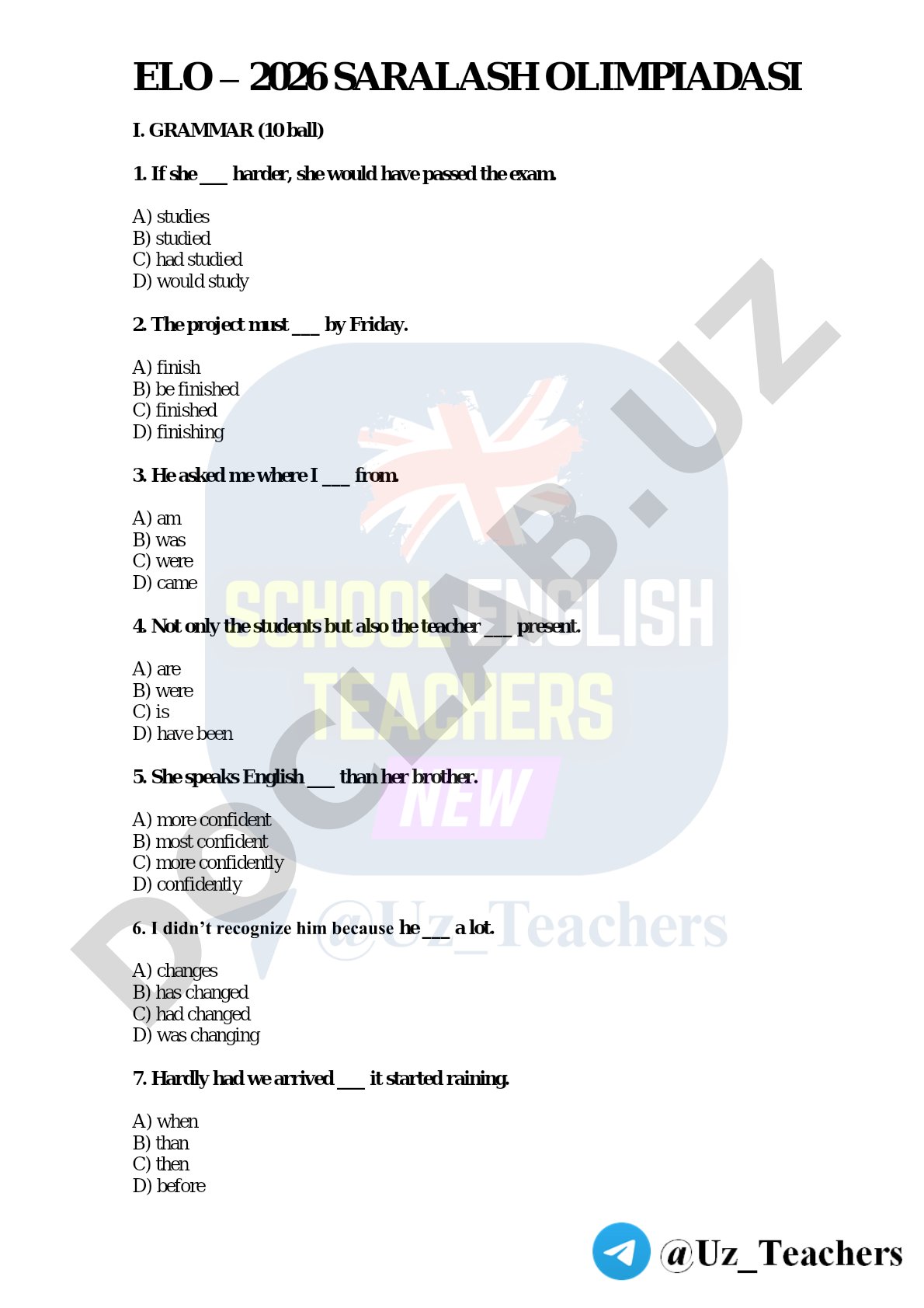 ELO 2026 Qualifying Olympiad English Grammar and Vocabulary Test