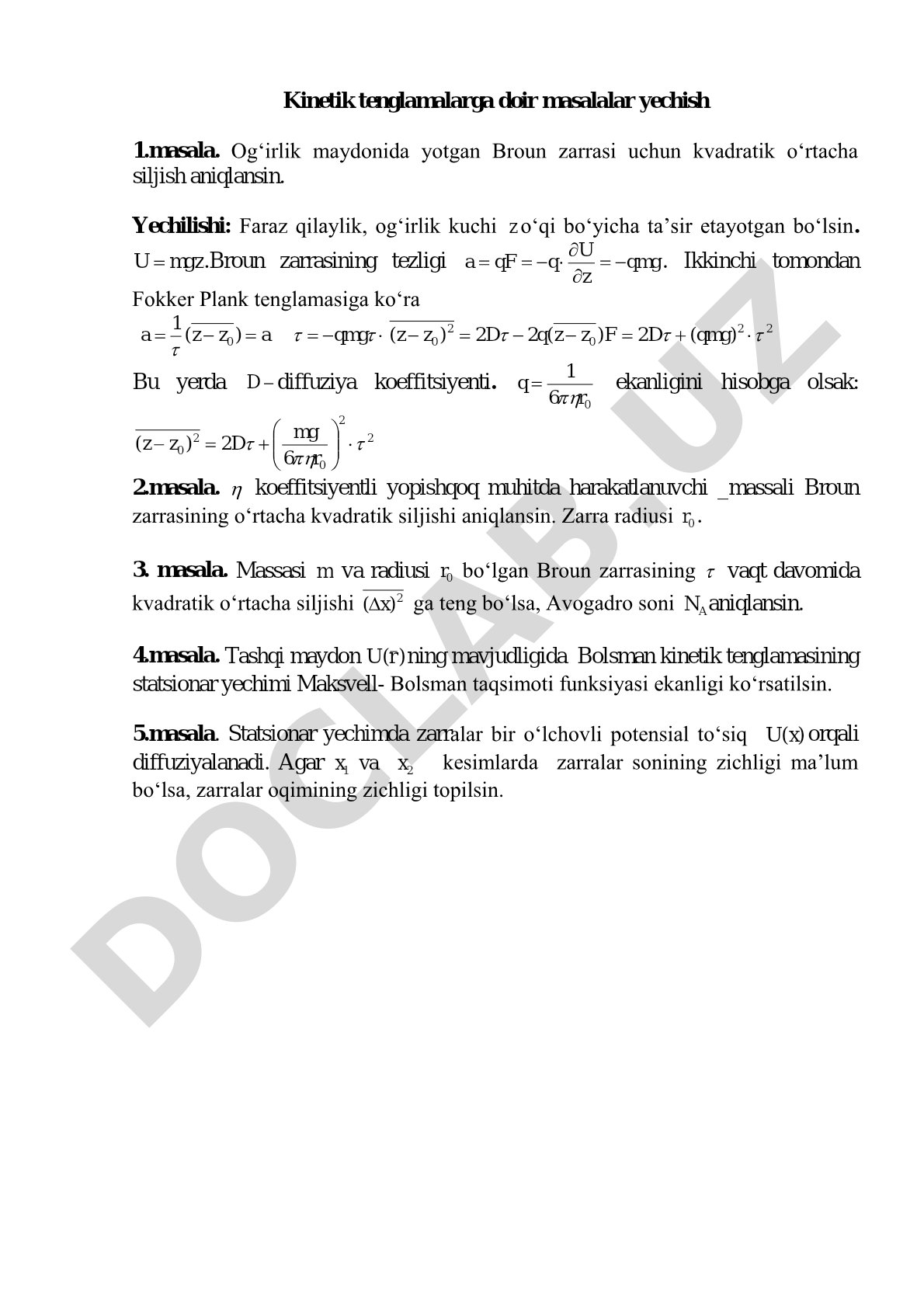 Kinetik tenglamalarga doir masalalar yechish