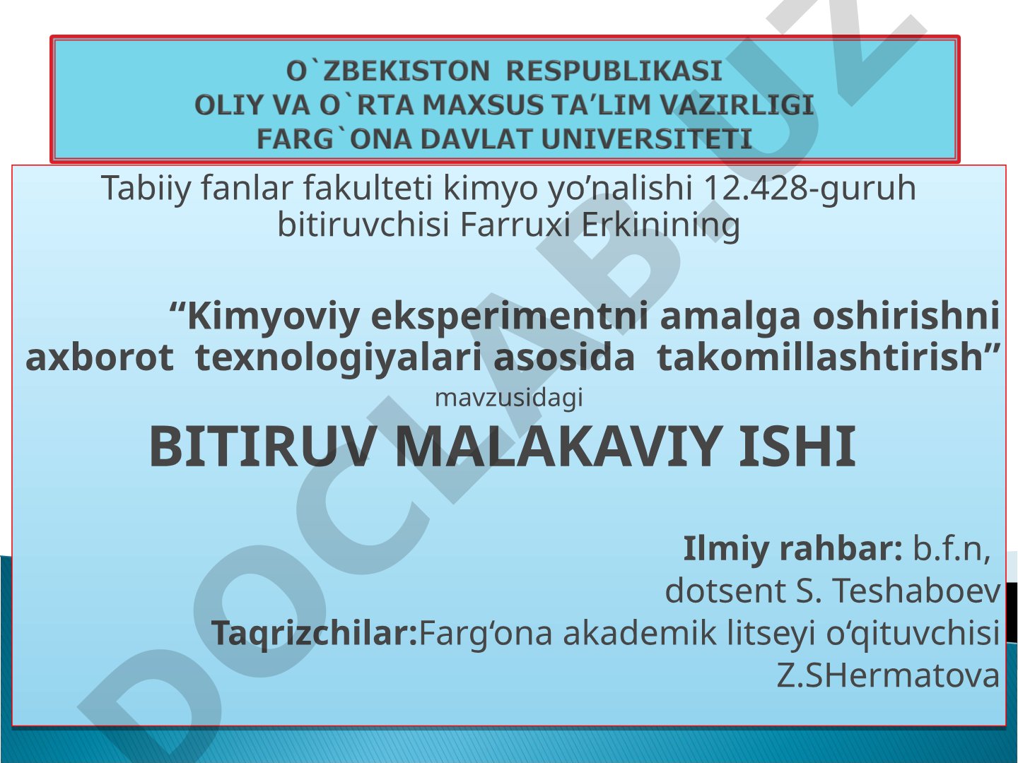 Kimyoviy eksperimentni amalga oshirishni axborot texnologiyalari asosida takomillashtirish