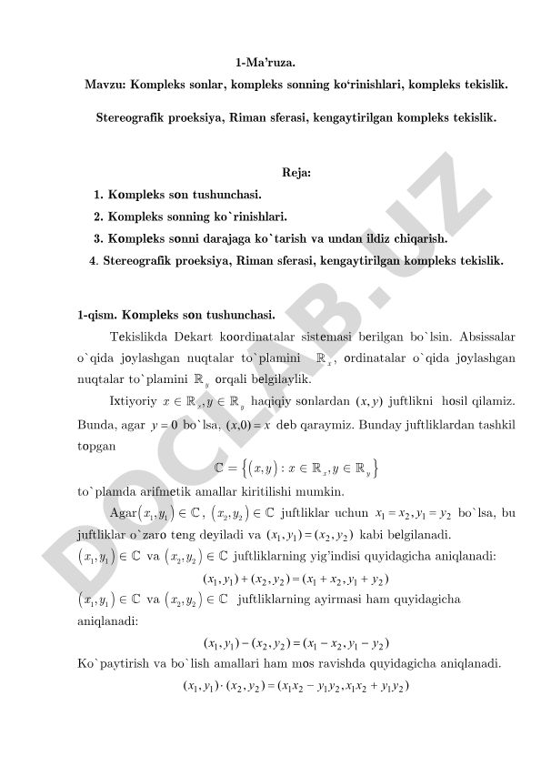 Kompleks sonlar, kompleks sonning ko‘rinishlari, kompleks tekislik