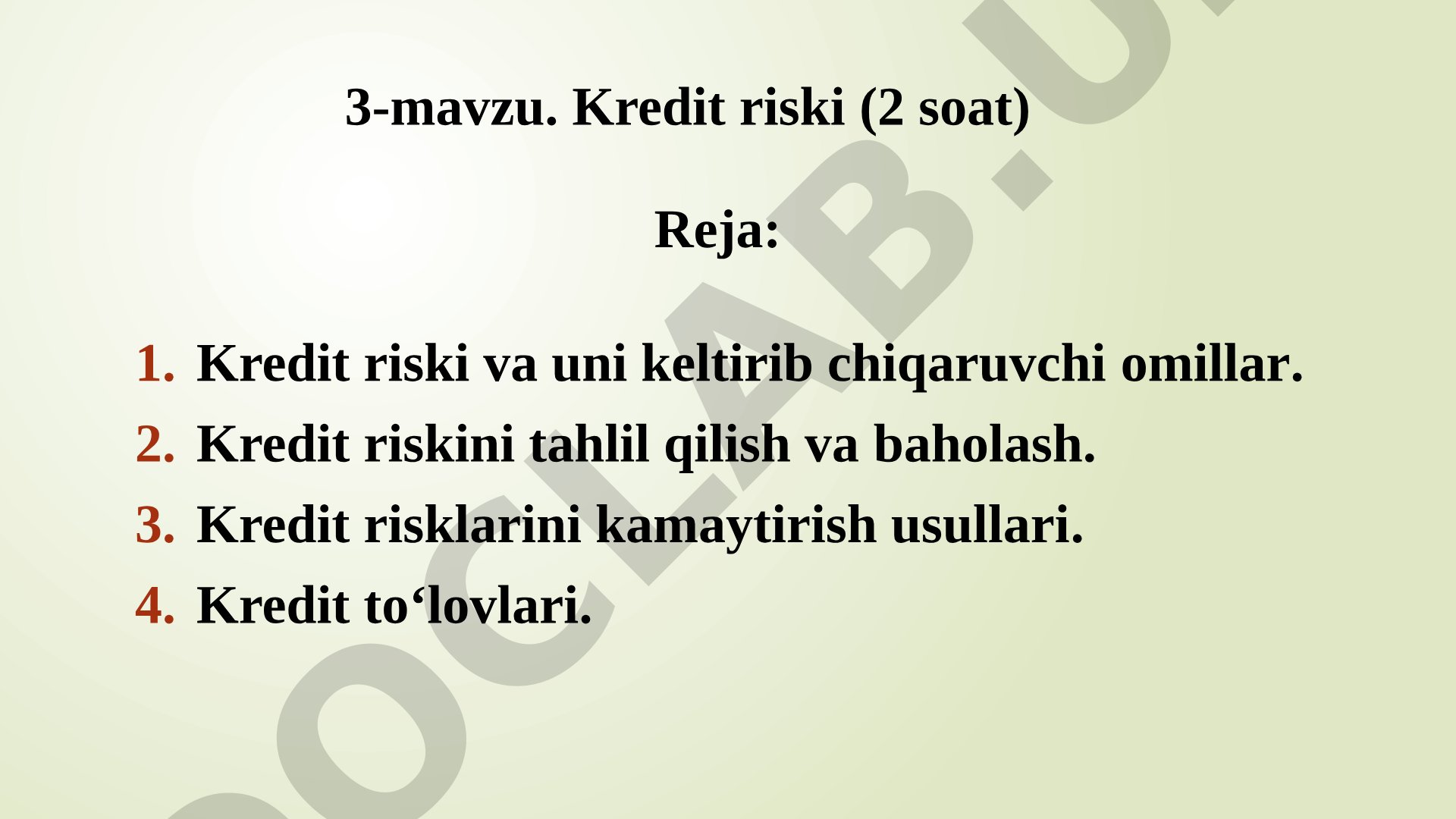 Kredit riski tushunchasi, omillari, tahlili, baholash va kamaytirish usullari
