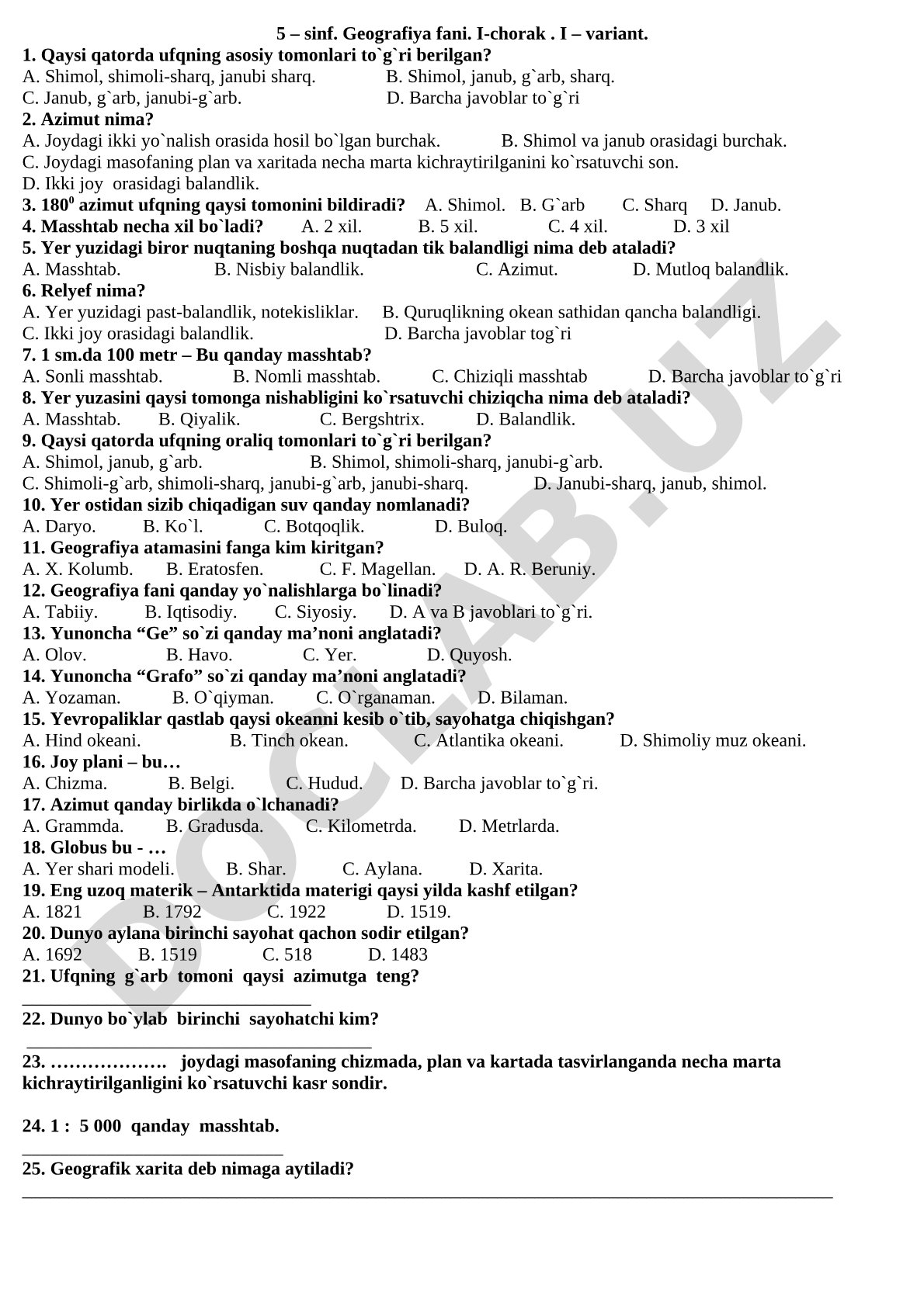 5 – sinf. Geografiya fani. I-chorak. I – variant.