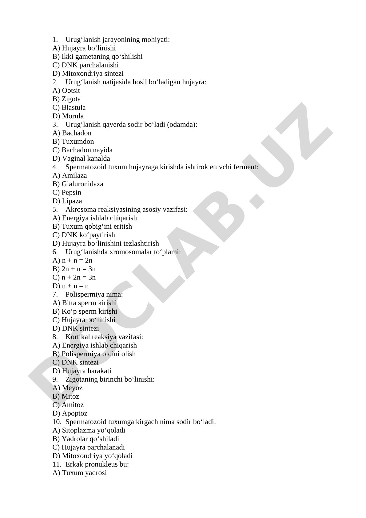 Urug'lanish jarayoni test savollari