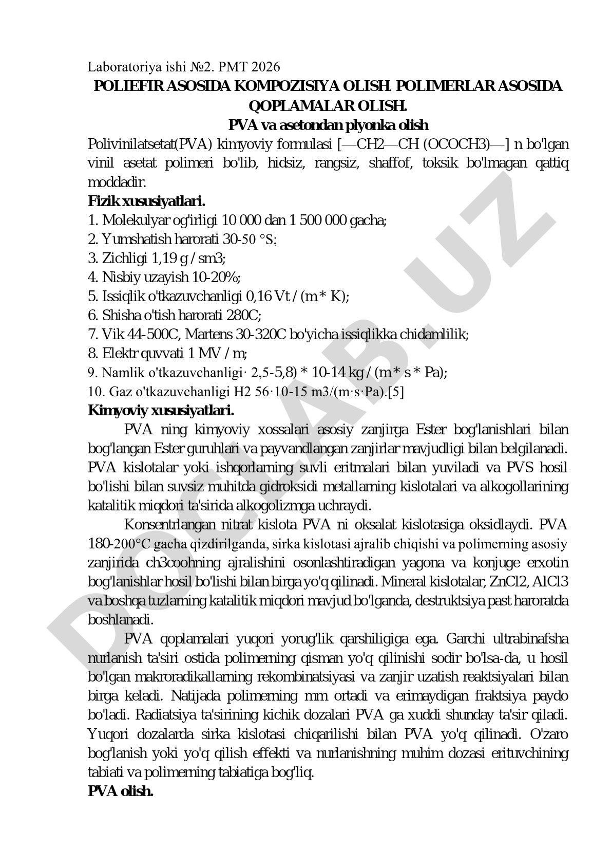 PMT 2026 poliefir asosida kompozitsiya olish, polimerlar asosida qoplamalar olish va PVA va asetondan plyonka olish