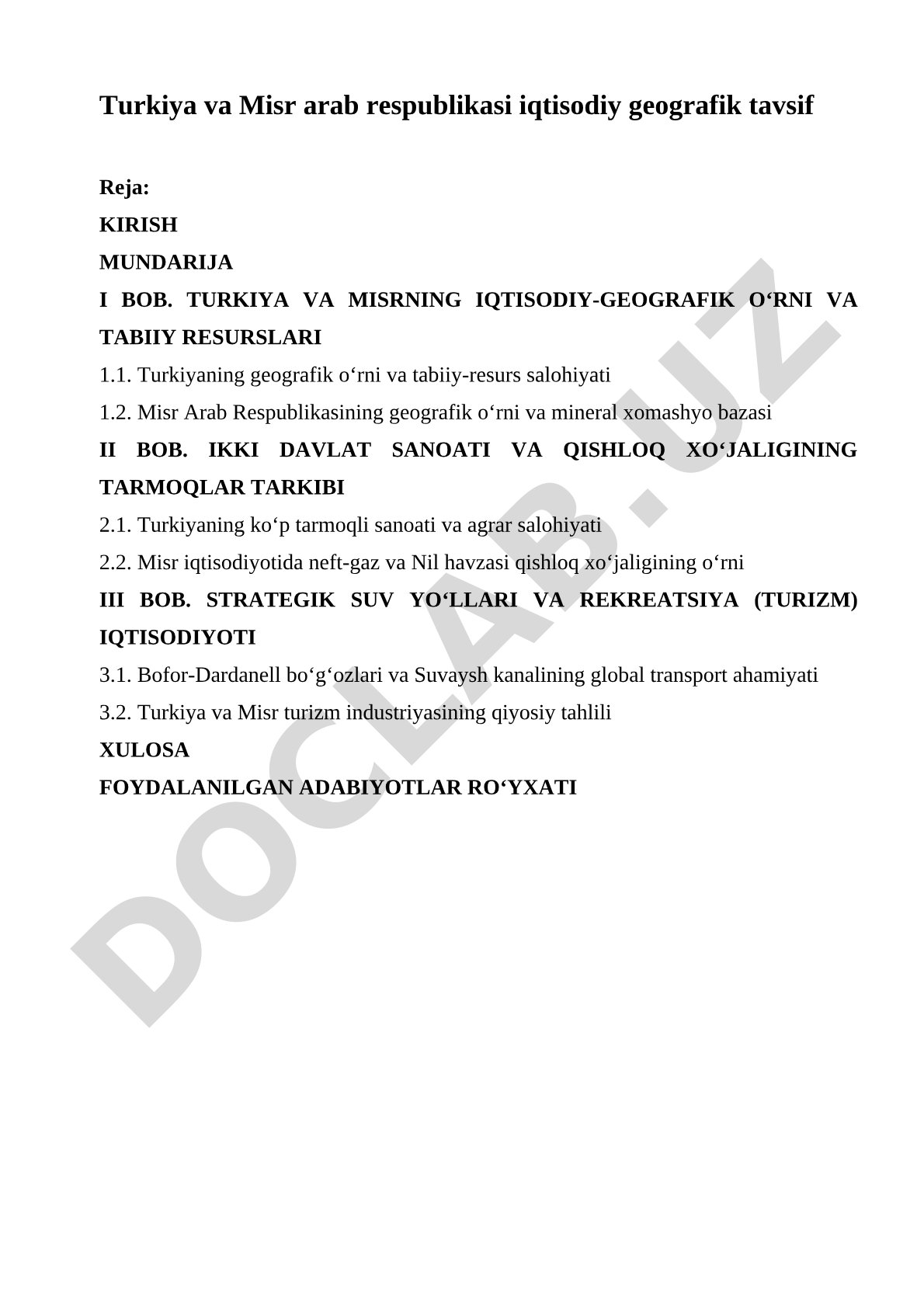 Turkiya va Misr Arab Respublikasi iqtisodiy geografik tavsif