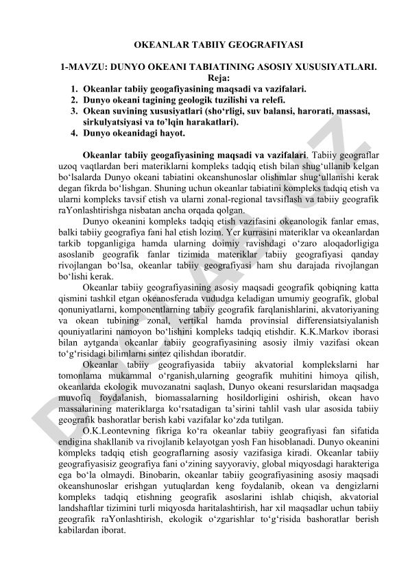 Dunyo okeani tabiatining asosiy xususiyatlari
