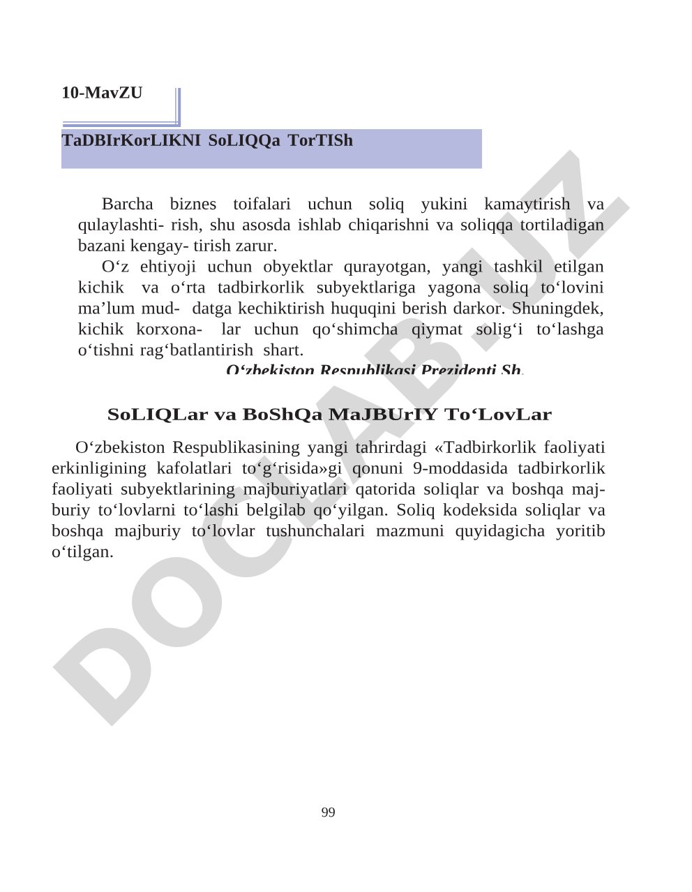 Tadbirkorlik subyektlari uchun soliq yukini kamaytirish hamda soliqlar va majburiy