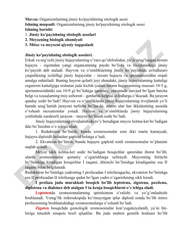 Organizmlarning jinsiy ko'payishining sitologik asosi