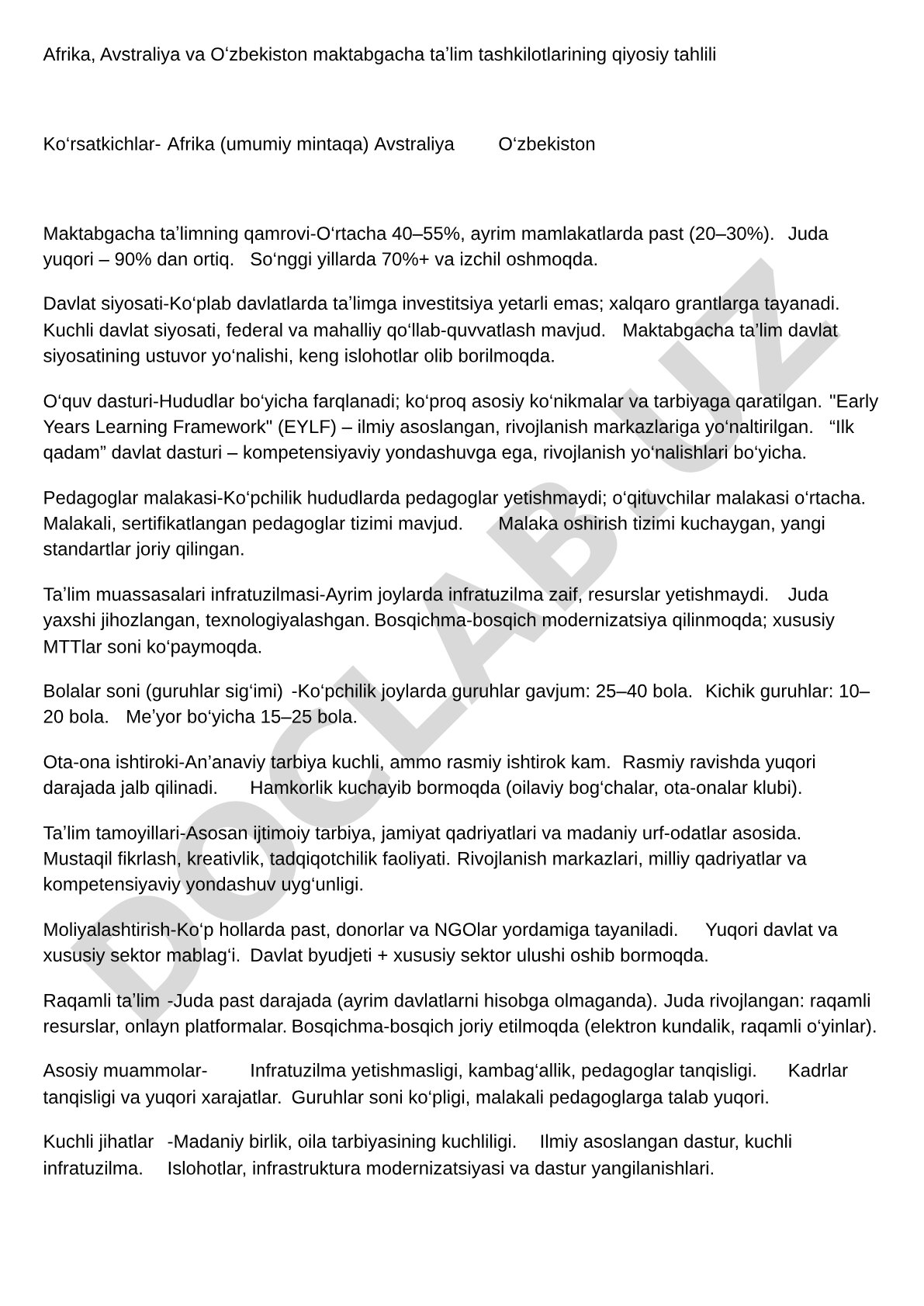 Afrika, Avstraliya va Oʻzbekiston maktabgacha taʼlim tashkilotlarining qiyosiy tahlili