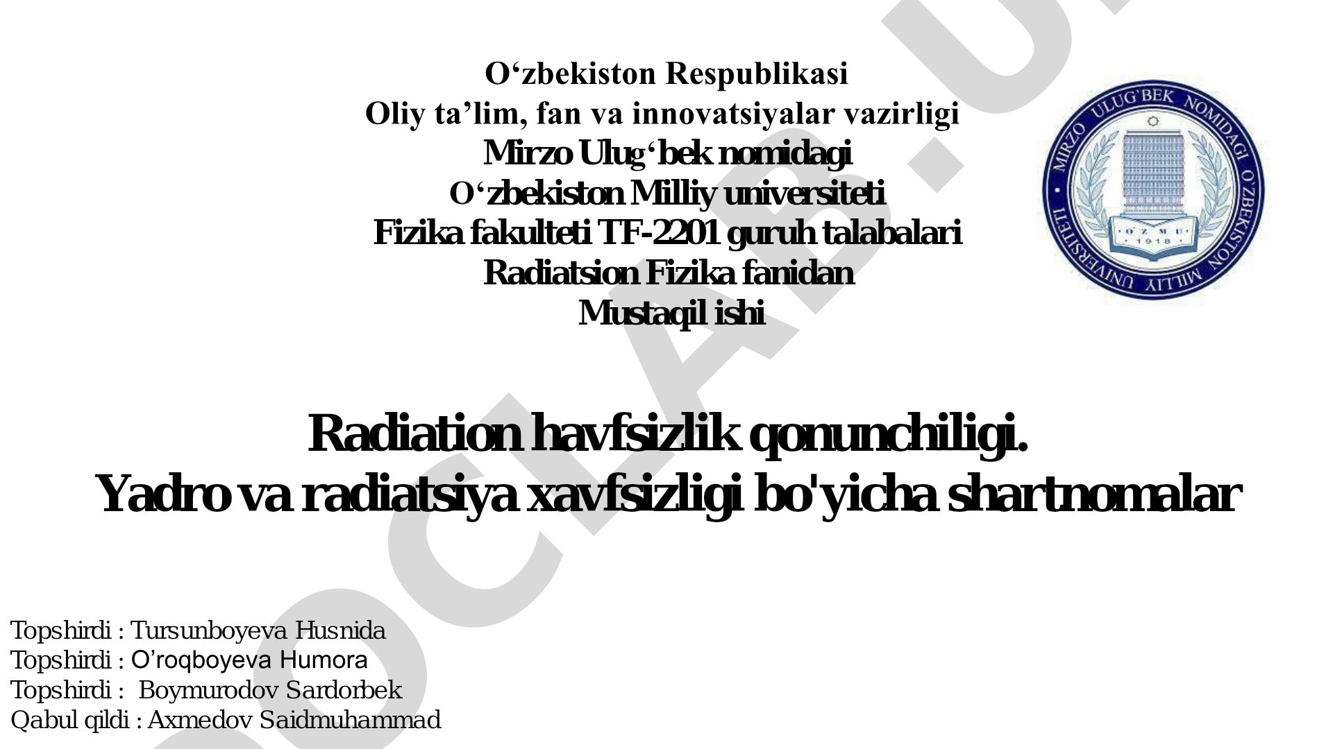 Radiatsiya xavfsizligi qonunchiligi va yadro xavfsizligi bo'yicha shartnomalar