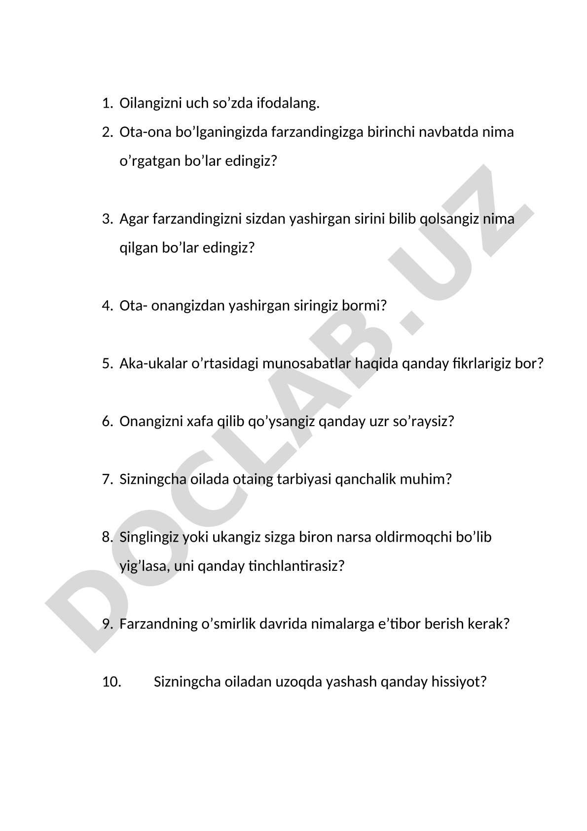 Oilaviy munosabatlar va ota-ona tarbiyasi haqida savollar