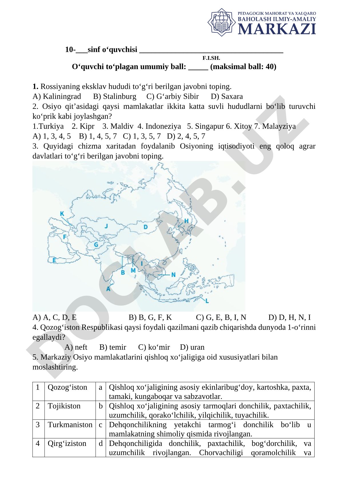 10-sinf geografiya fanidan test savollari
