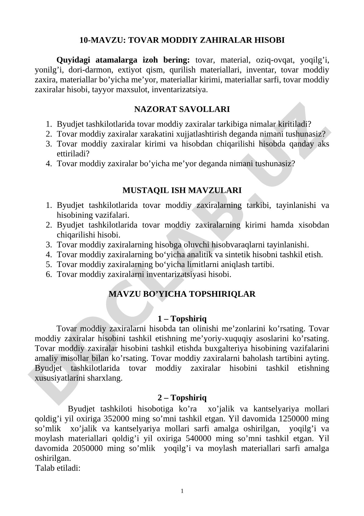 Tovar moddiy zahiralar hisobi