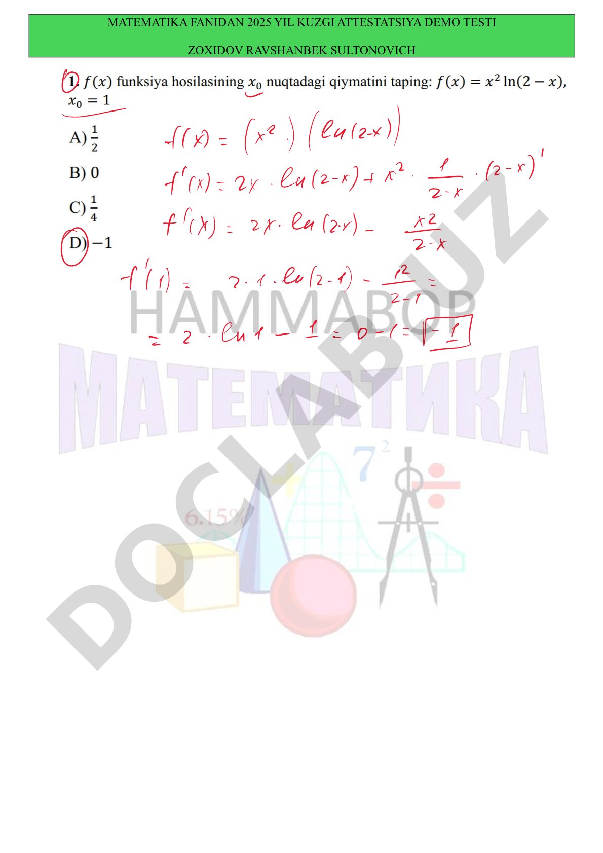 Matematika fanidan 2025 yil kuzgi attestatsiya demo testi