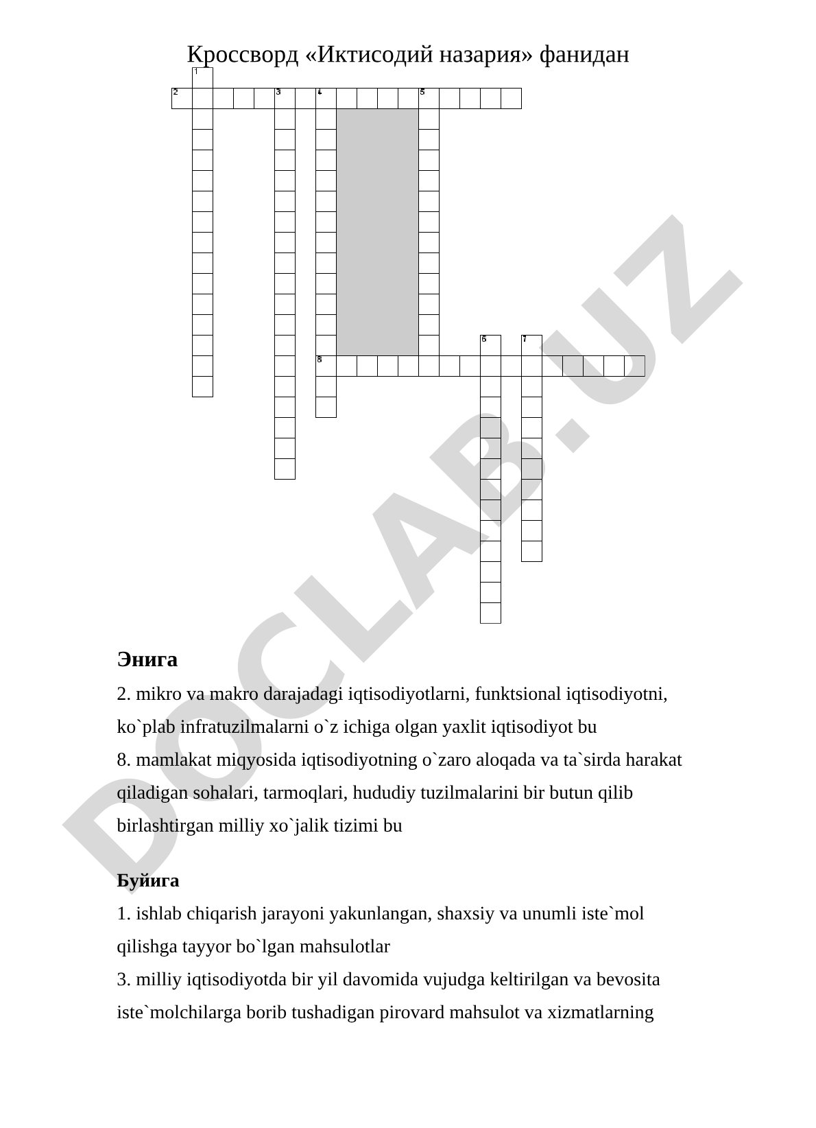 Iqtisodiy nazariya fanidan krossvord