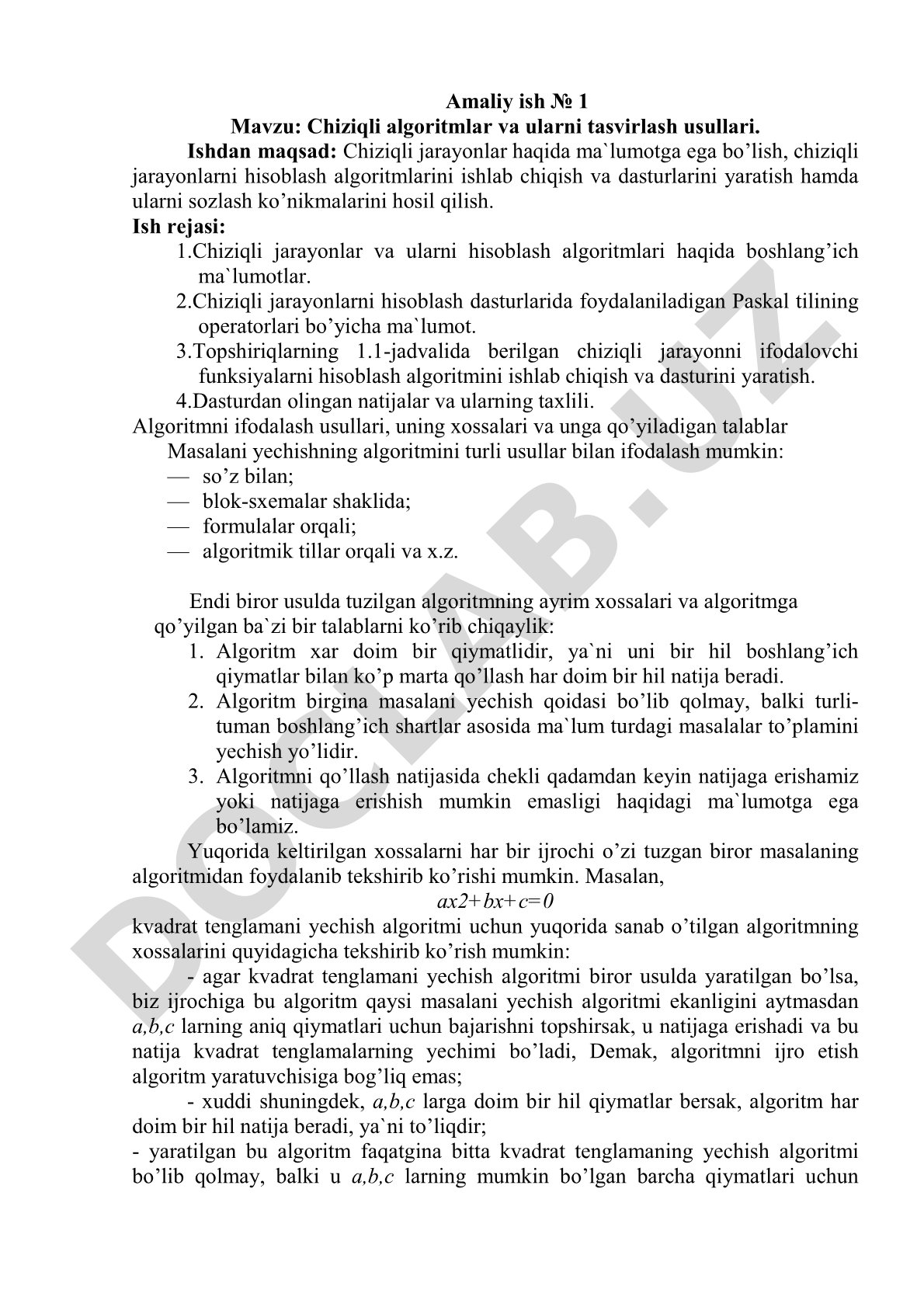 Chiziqli algoritmlar va ularni tasvirlash usullari