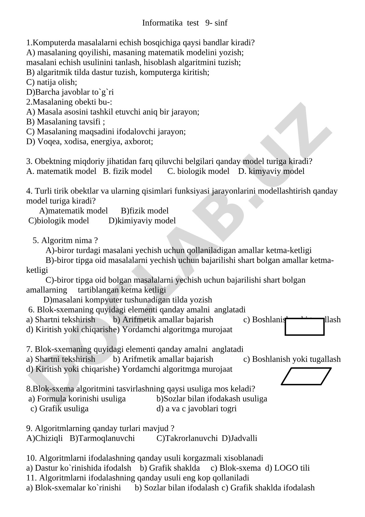9-sinf informatika testi: masalani echish algoritmi va modellashtirish