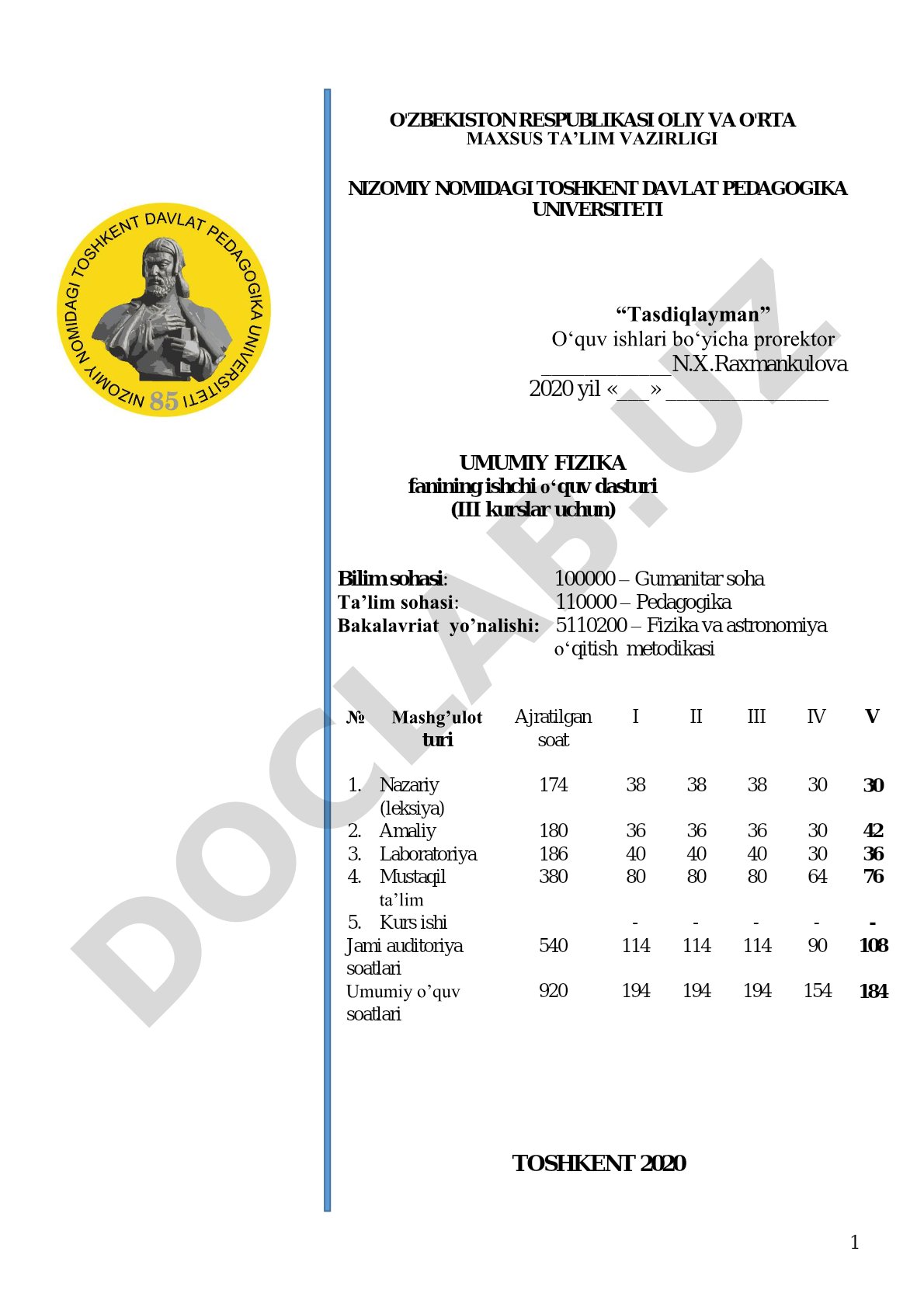 Umumiy fizika fanining ishchi o'quv dasturi