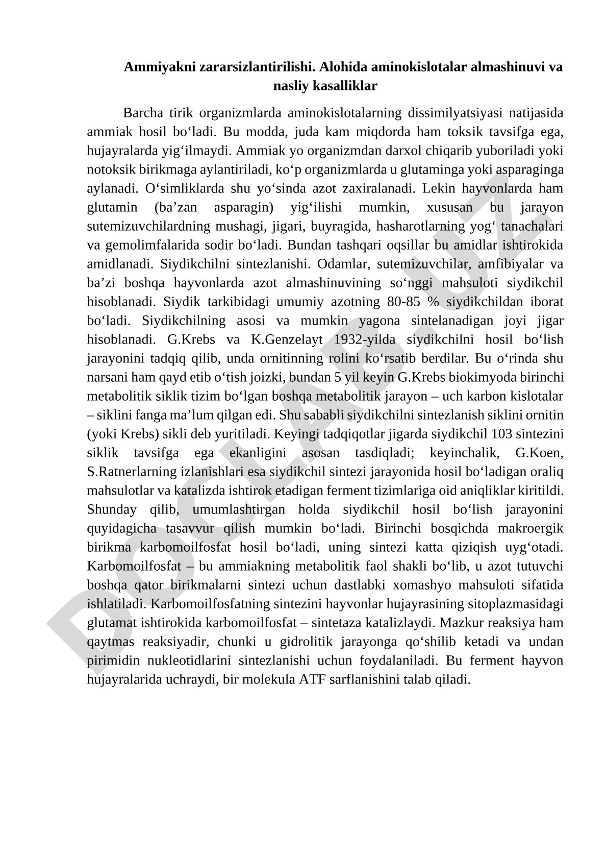 Ammiyakni zararsizlantirilishi va siydikchil sintezi