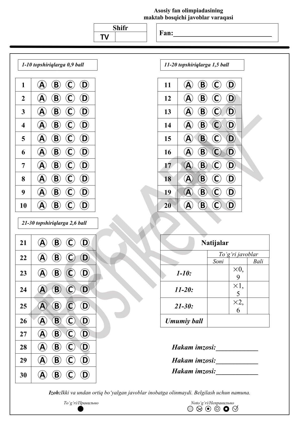 Test natijalarini hisoblash jadvali
