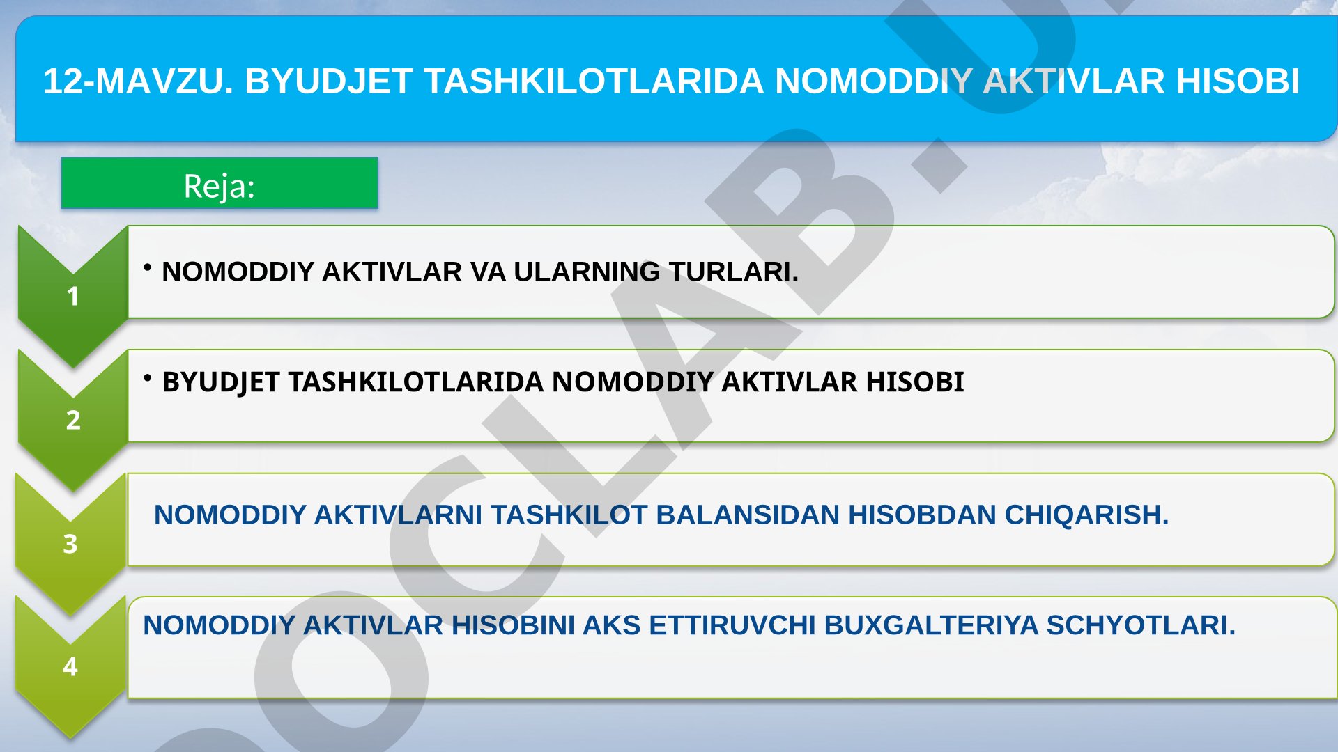 12-MAVZU. BYUDJET TASHKILOTLARIDA NOMODDIY AKTIVLAR HISOBI