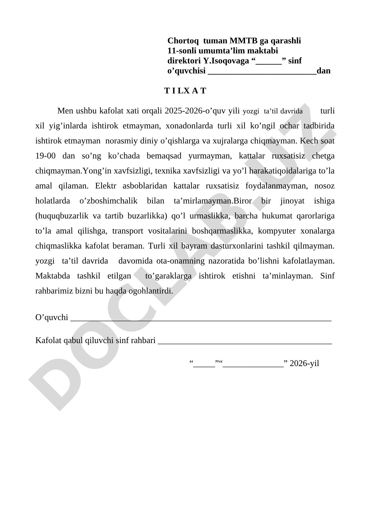 O'quvchining yozgi ta'til davridagi kafolat xati