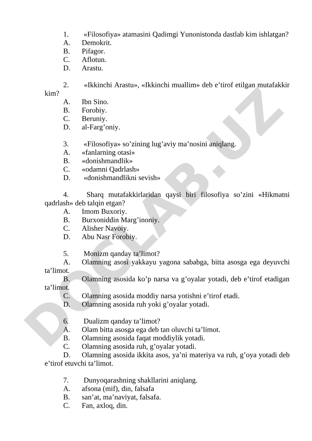Falsafadan test savollari