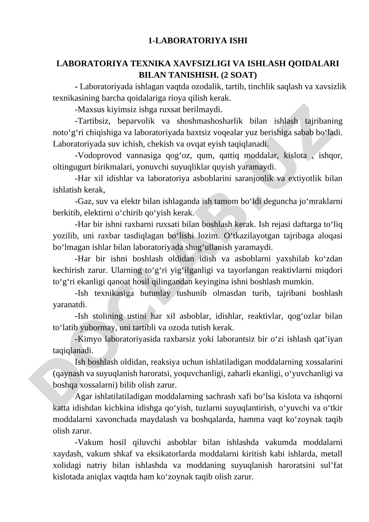 Laboratoriya texnika xavfsizligi va ishlash qoidalari bilan tanishish