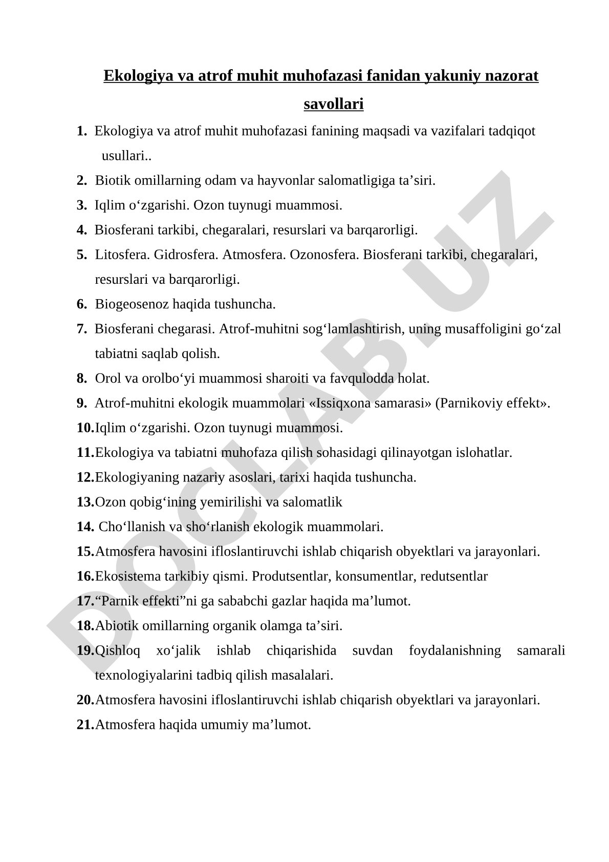 Ekologiya va atrof muhit muhofazasi fanidan yakuniy nazorat savollari