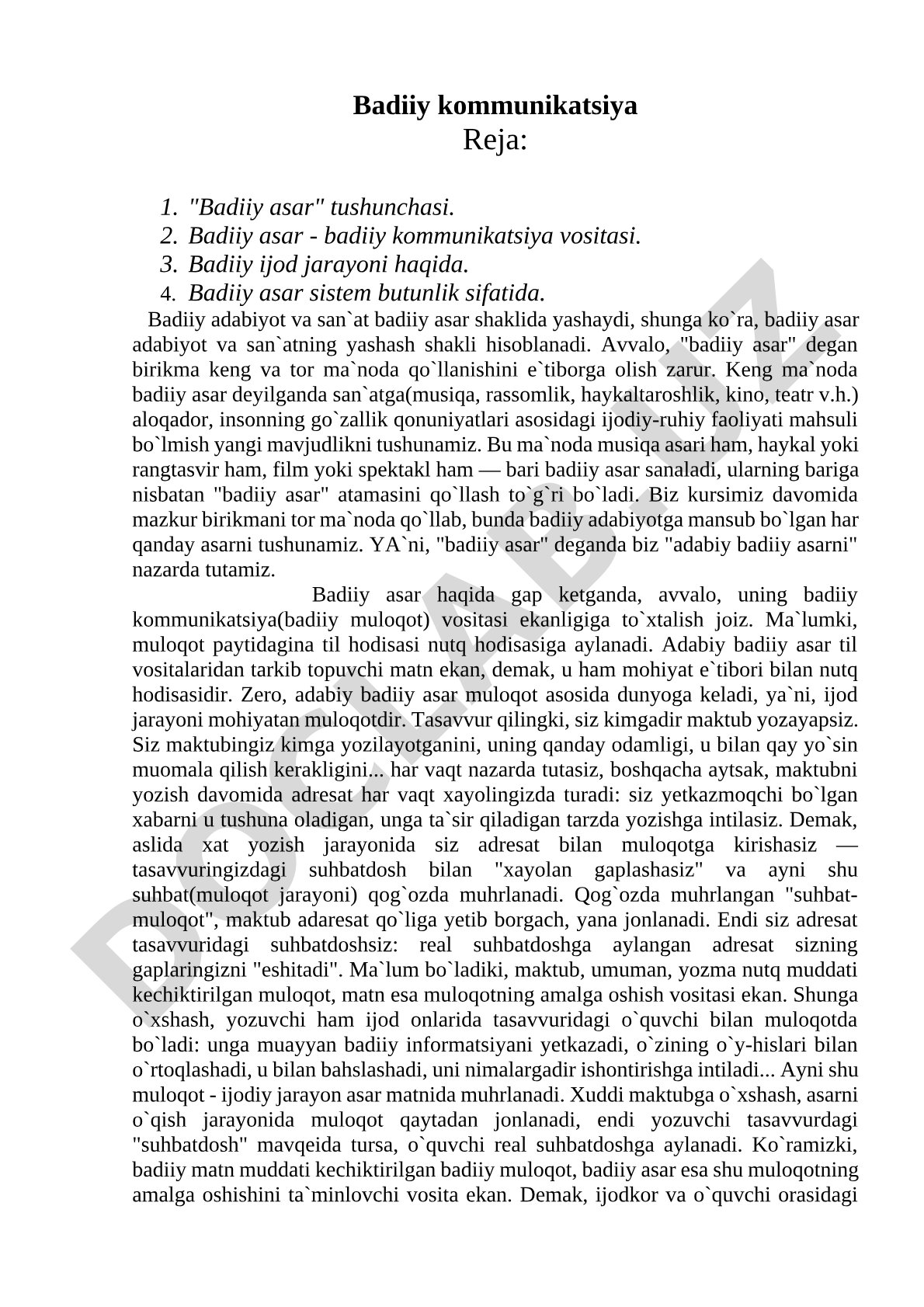 Badiiy asar tushunchasi, uning ijodiy jarayoni va kommunikatsiya vositasi