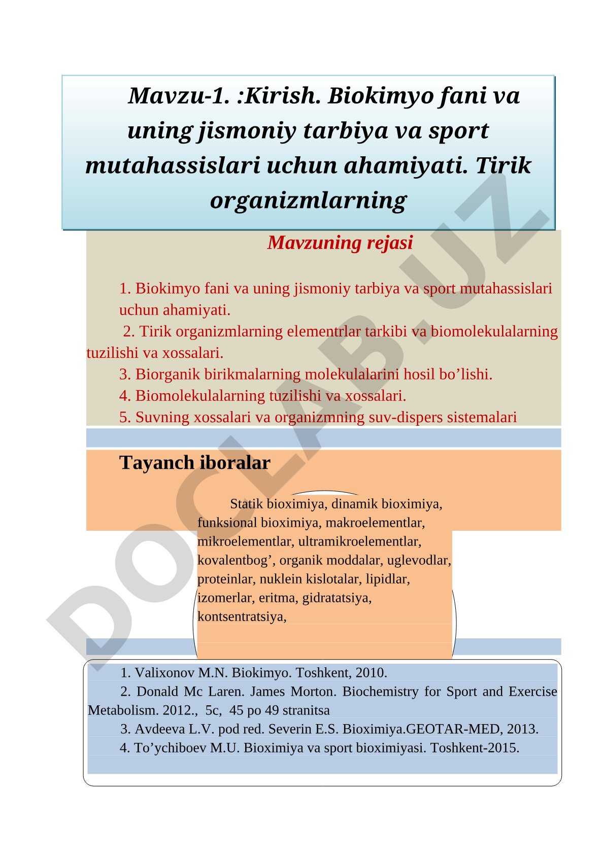 Kirish. Biokimyo fani va uning jismoniy tarbiya va sport mutahassislari uchun ahamiyati. Tirik organizmlarning kimyoviy tarkibi