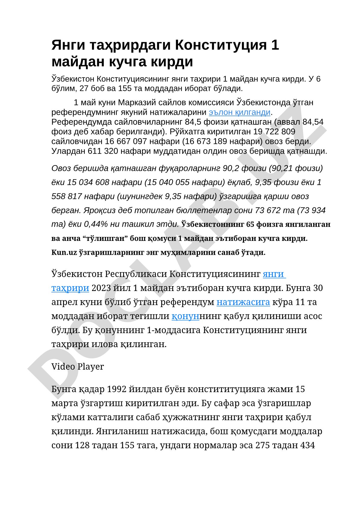 Ўзбекистон Конституциясининг янги таҳрири ва референдум натижалари