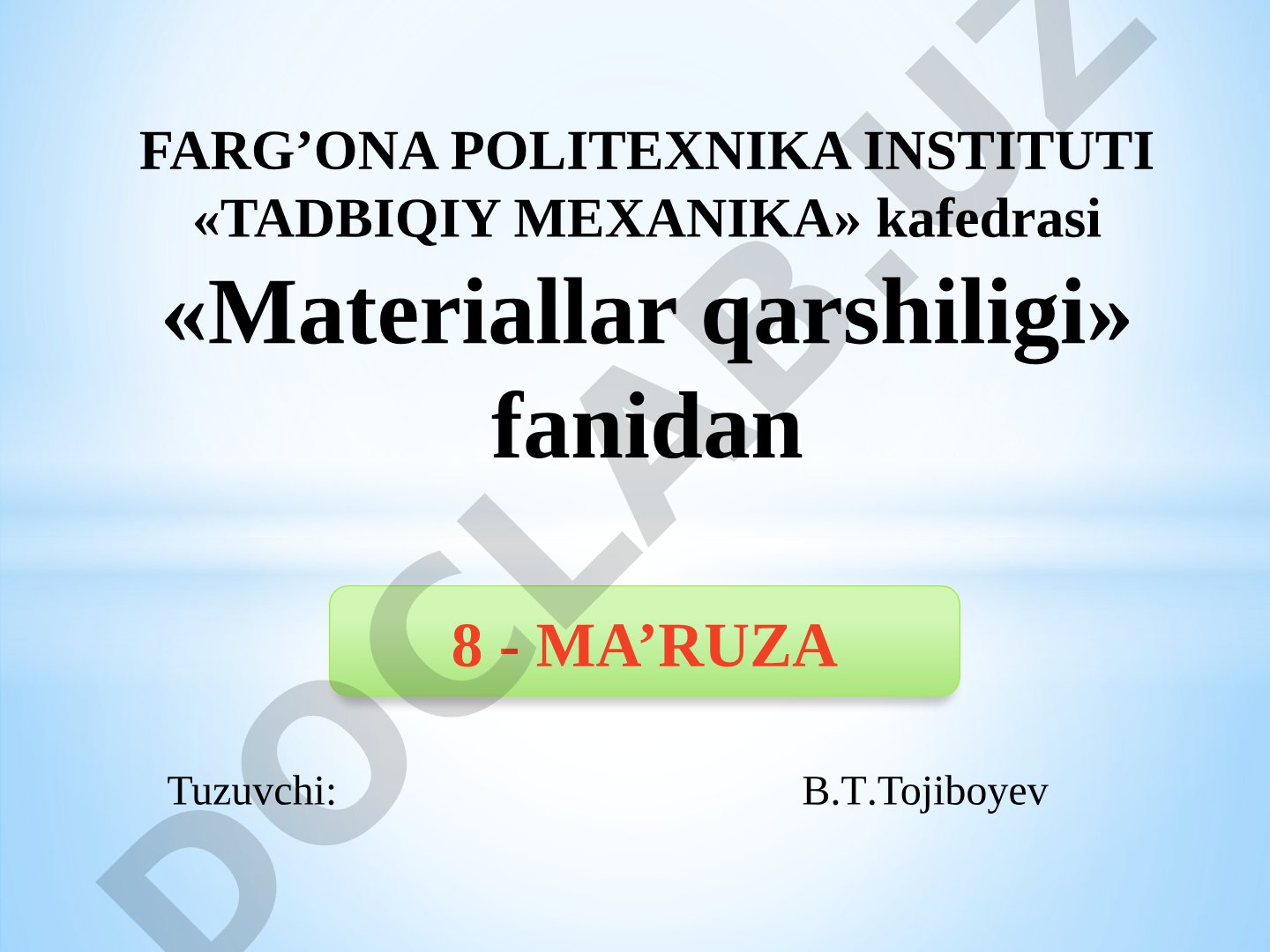 To‘g‘ri bruslarni egilishi. Umumiy tushunchalar. Sof egilish. Sof egilishda normal kuchlanishlarni aniqlash. Nov’e formulasi. Tekis kesimlarning qarshilik momentlari Balkalarni normal kuchlanishlar bo’yicha mustahkamlikka hisoblash Ko’ndalang egilishda kuchlanishlarni aniqlash
