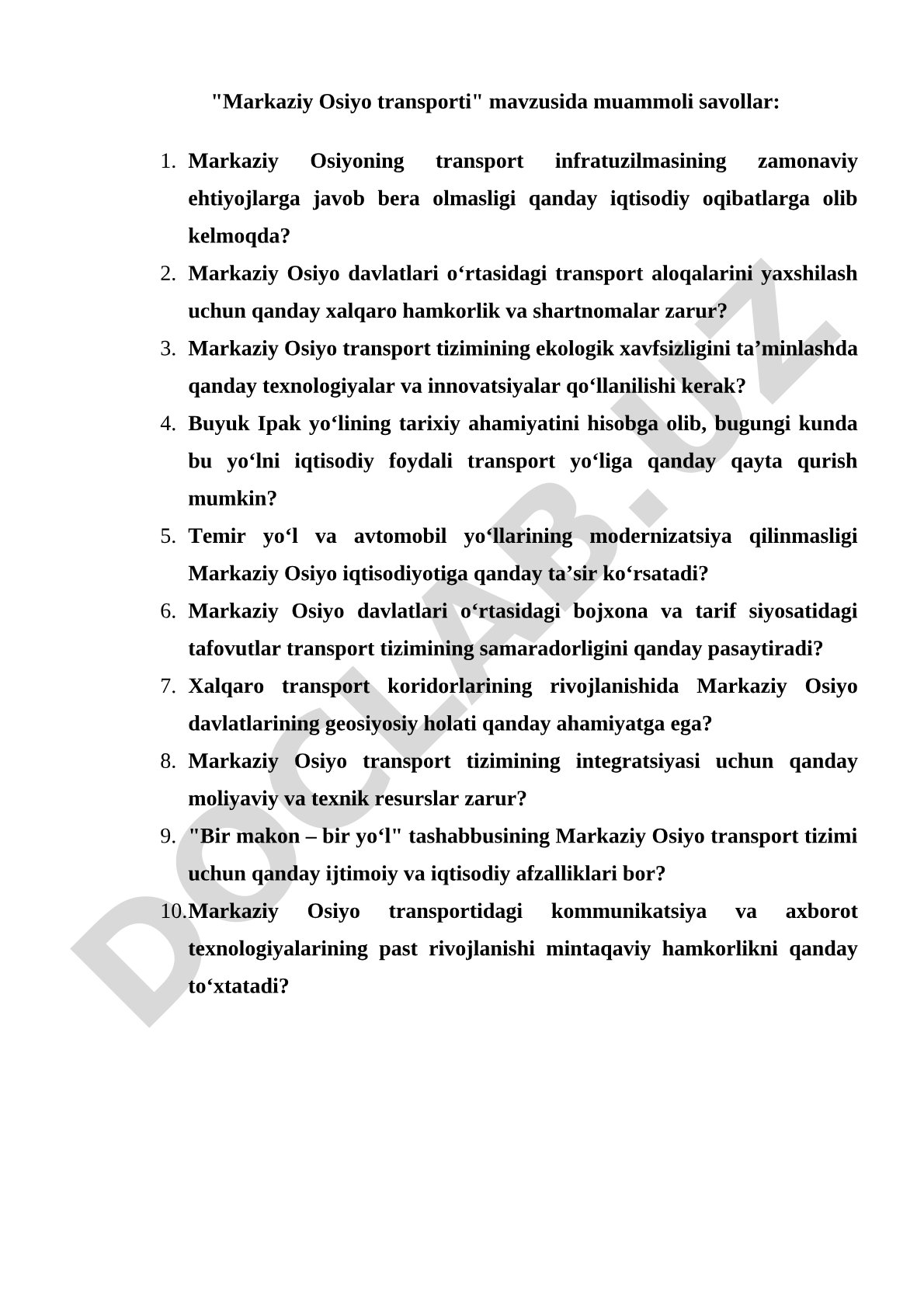 Markaziy Osiyo transport tizimi bo'yicha muammoli savollar