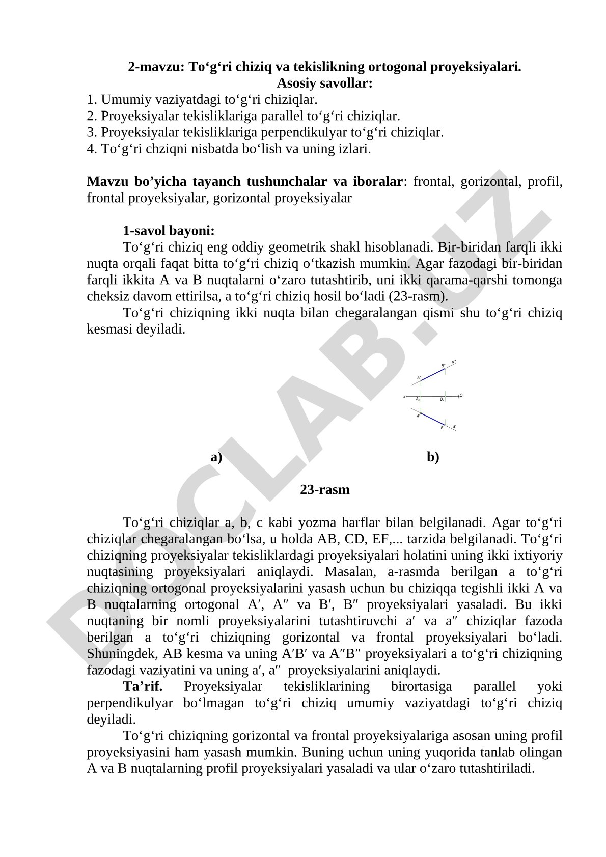 To‘g‘ri chiziq va tekislikning ortogonal proyeksiyalari