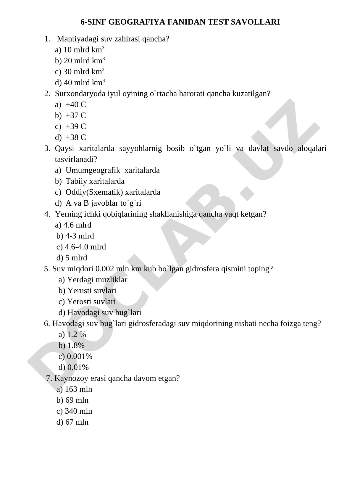 6-sinf geografiya fanidan test savollari