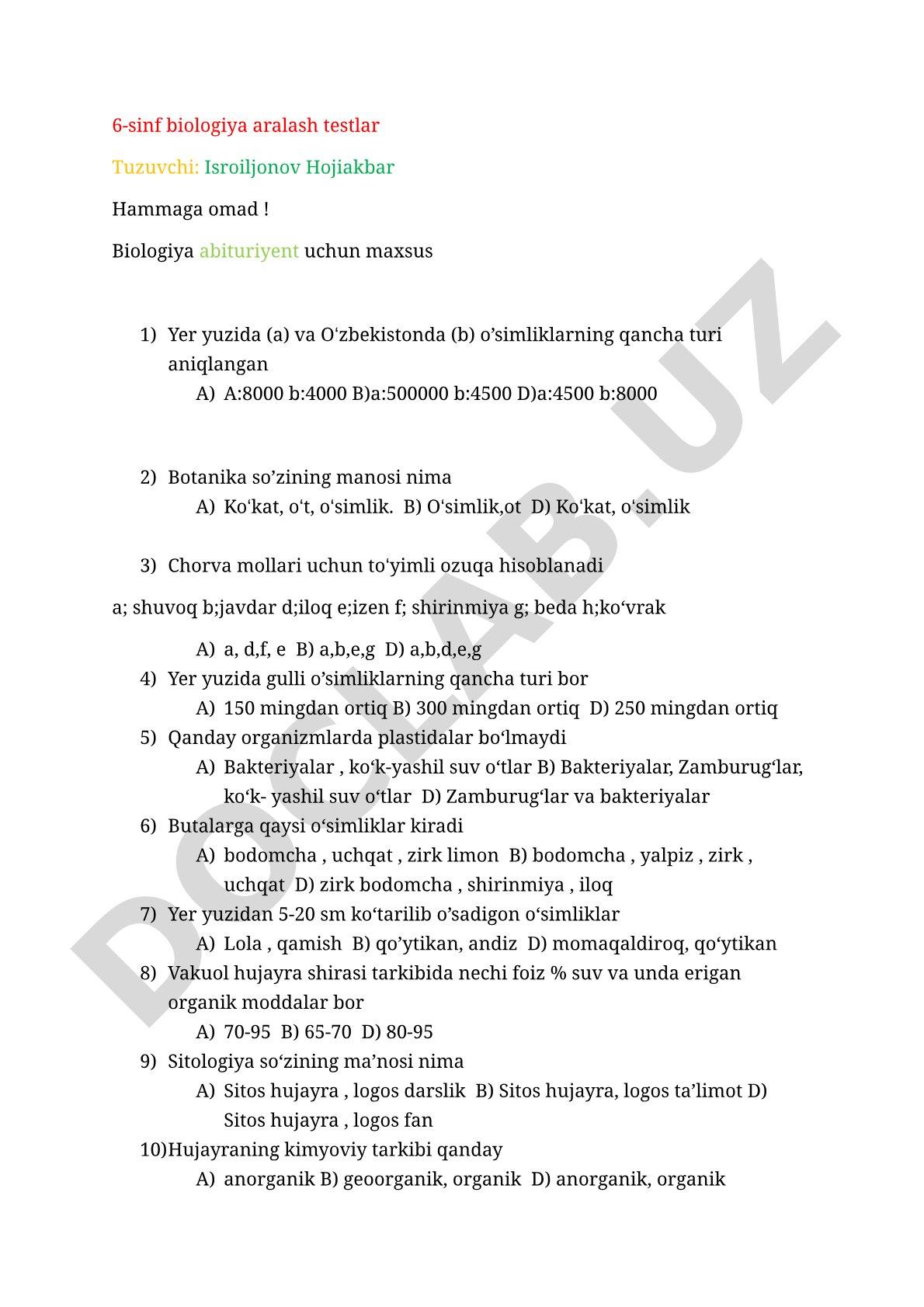 6-sinf biologiya aralash testlar