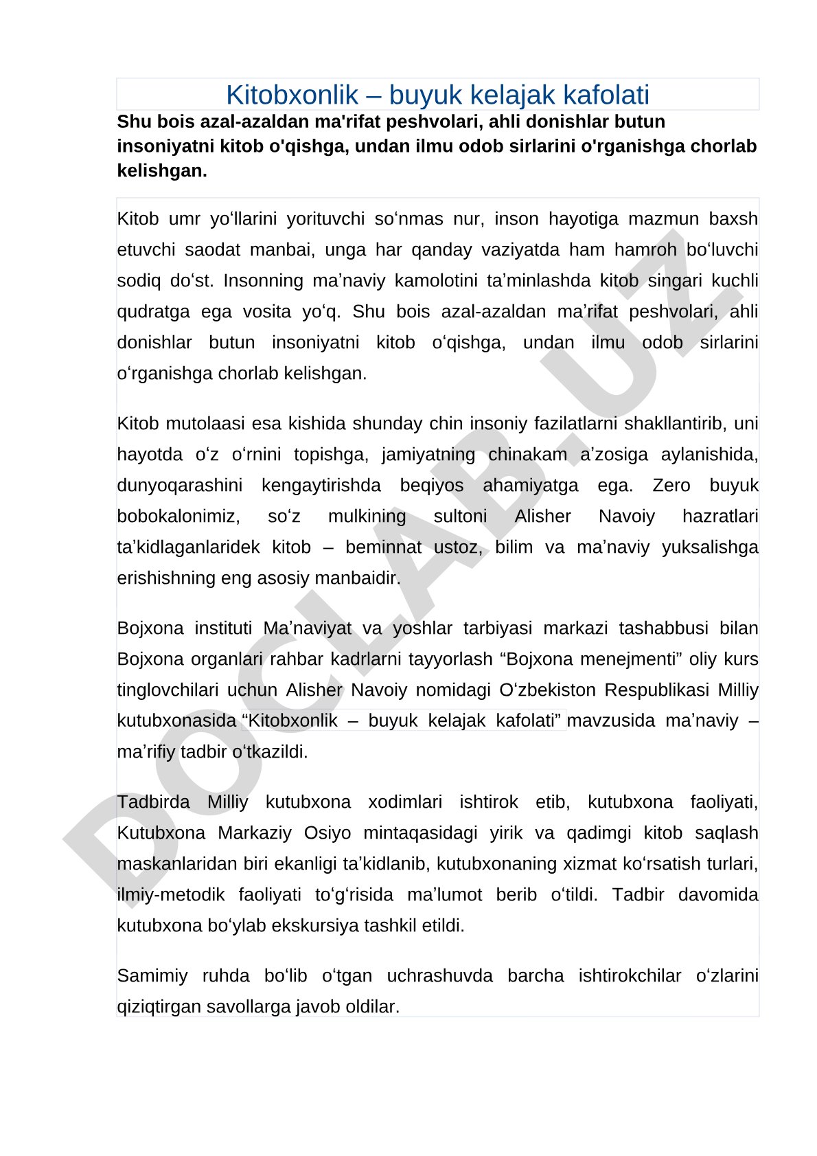 Kitobxonlik – buyuk kelajak kafolati