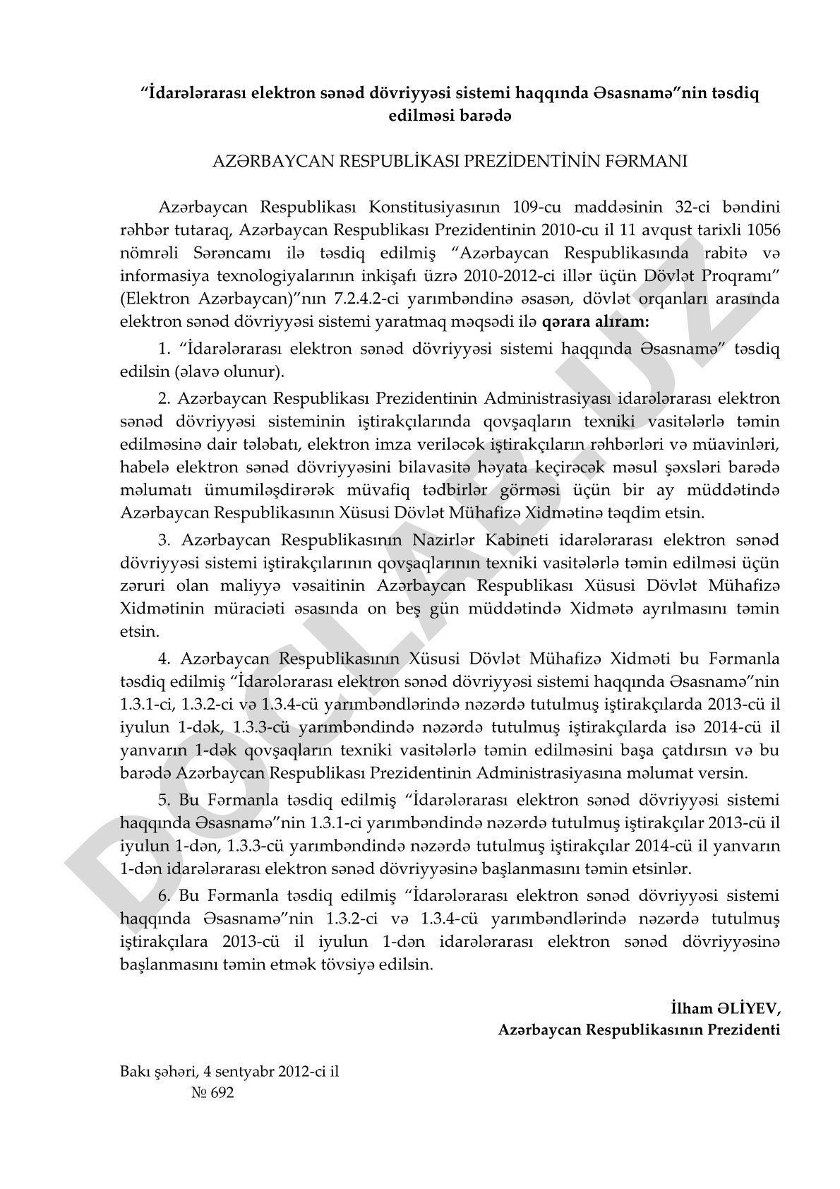 İdarələrarası elektron sənəd dövriyyəsi sistemi haqqında Əsasnamənin təsdiq edilməsi