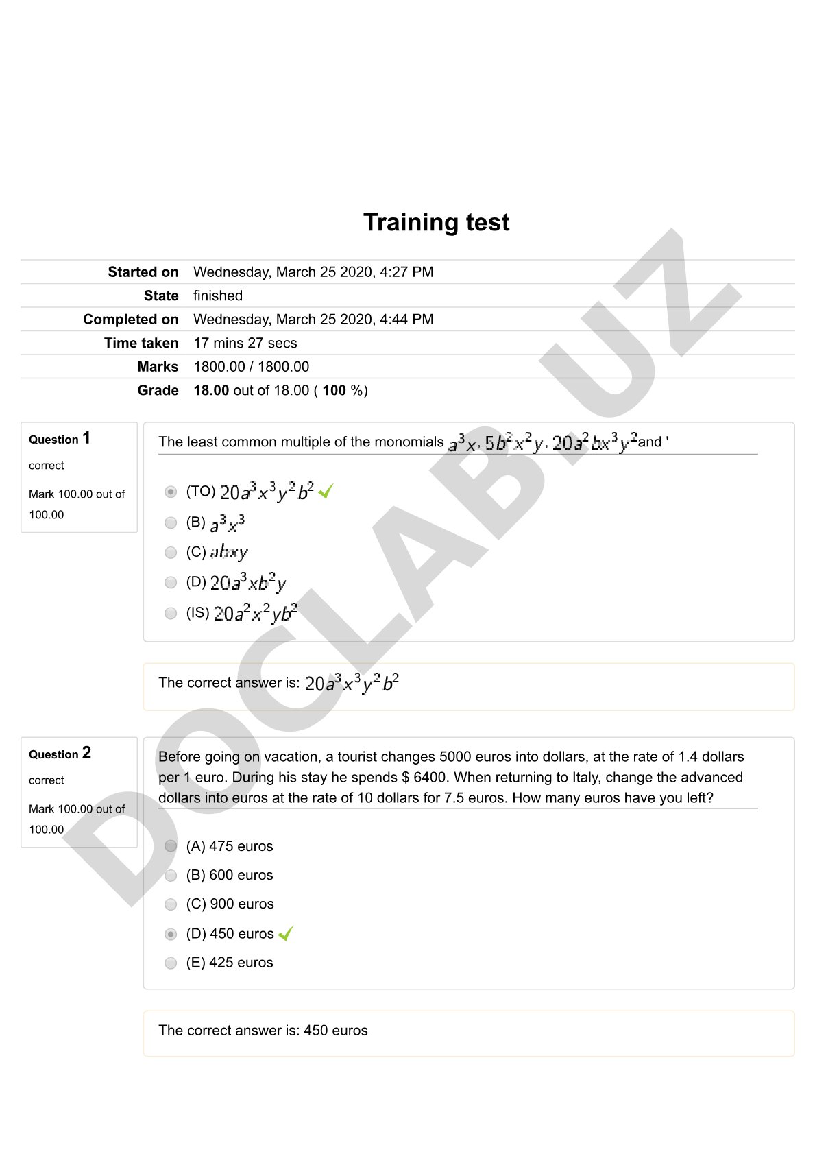Training test in mathematics with answers