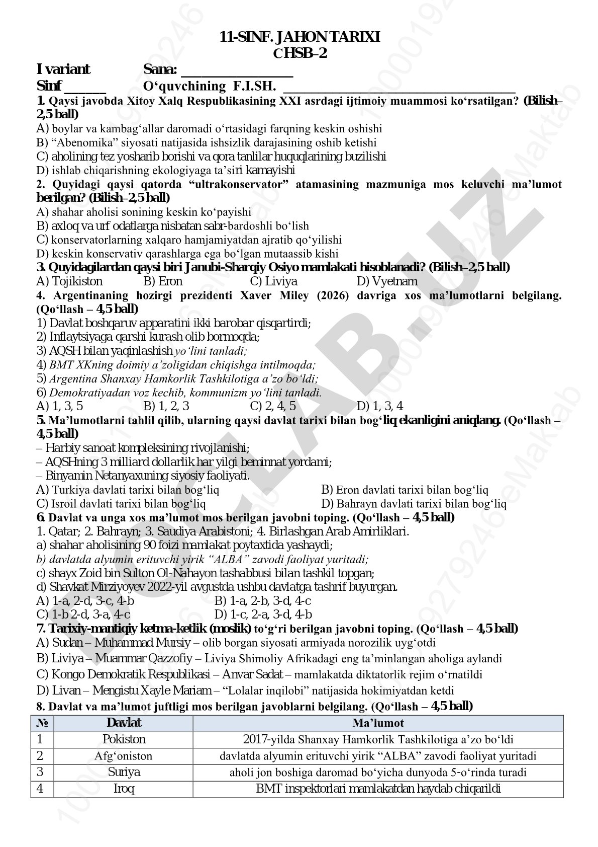 11-sinf Jahon tarixi CHSB-2 I variant test savollari