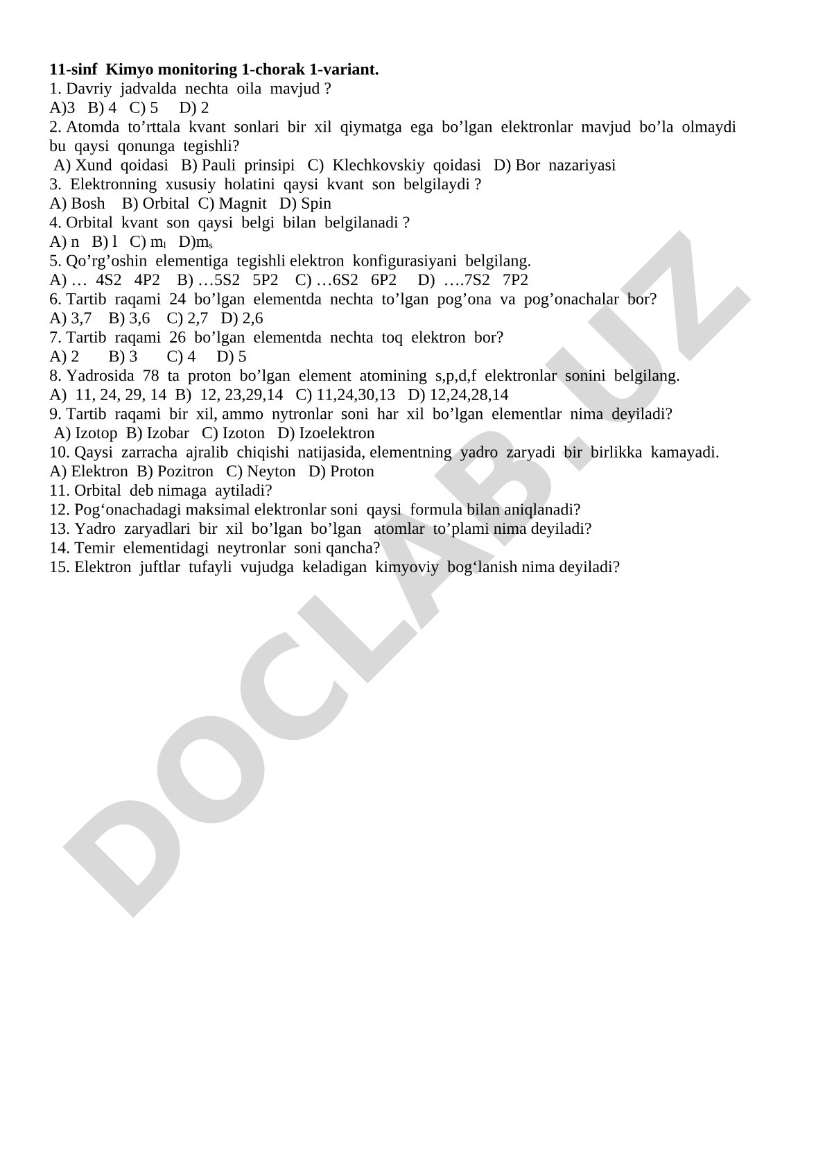 11-sinf Kimyo monitoring 1-chorak 1-variant